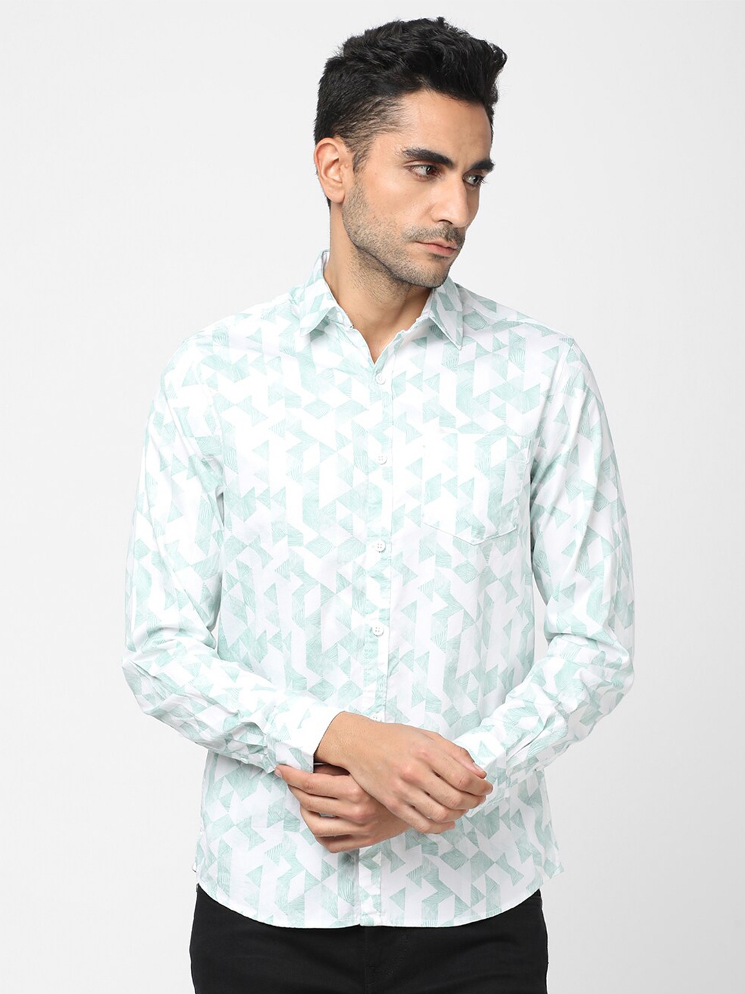 

R&B Geometric Printed Cotton Casual Shirt, White