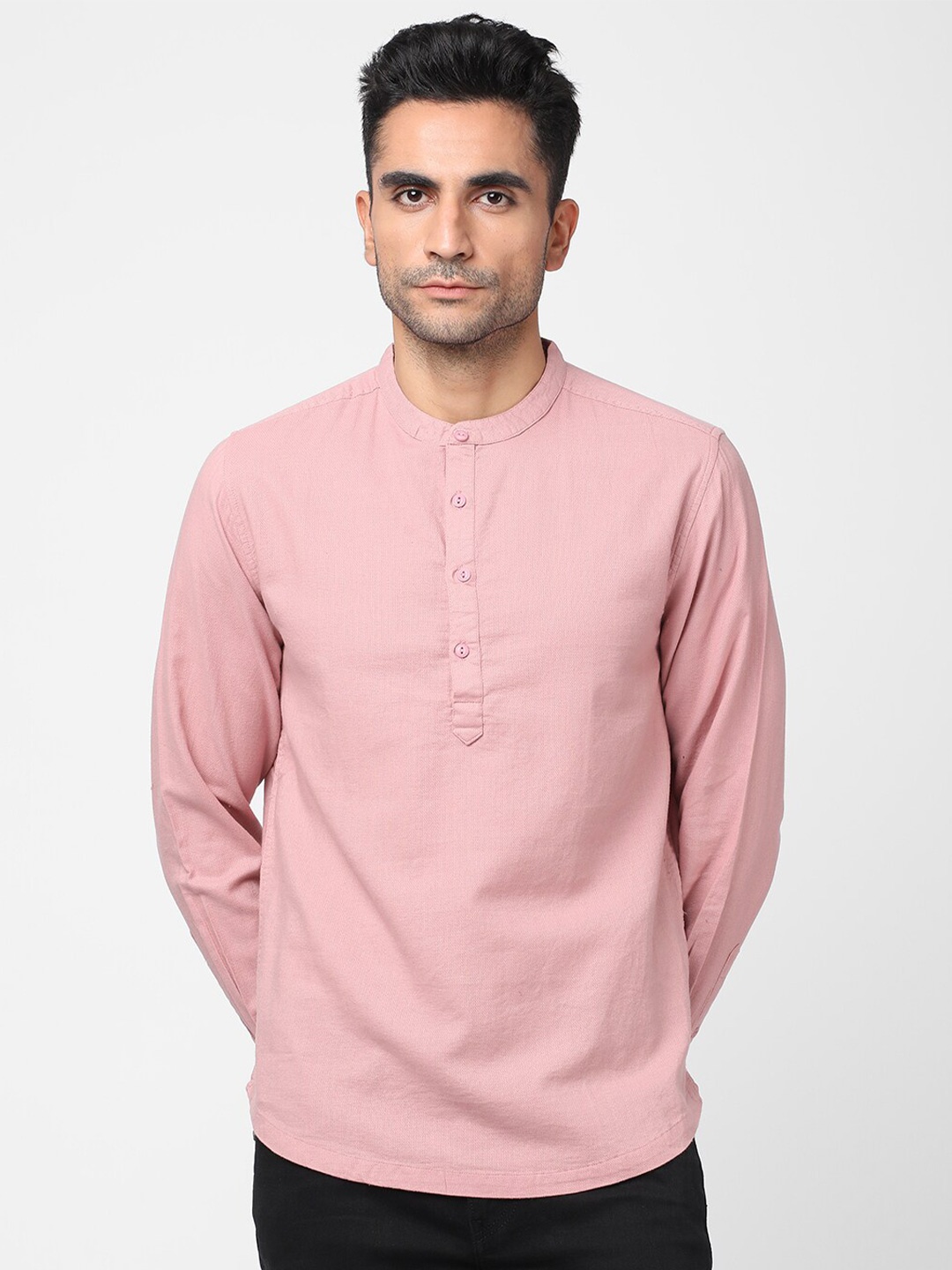 

R&B Band Collar Cotton Casual Shirt, Pink