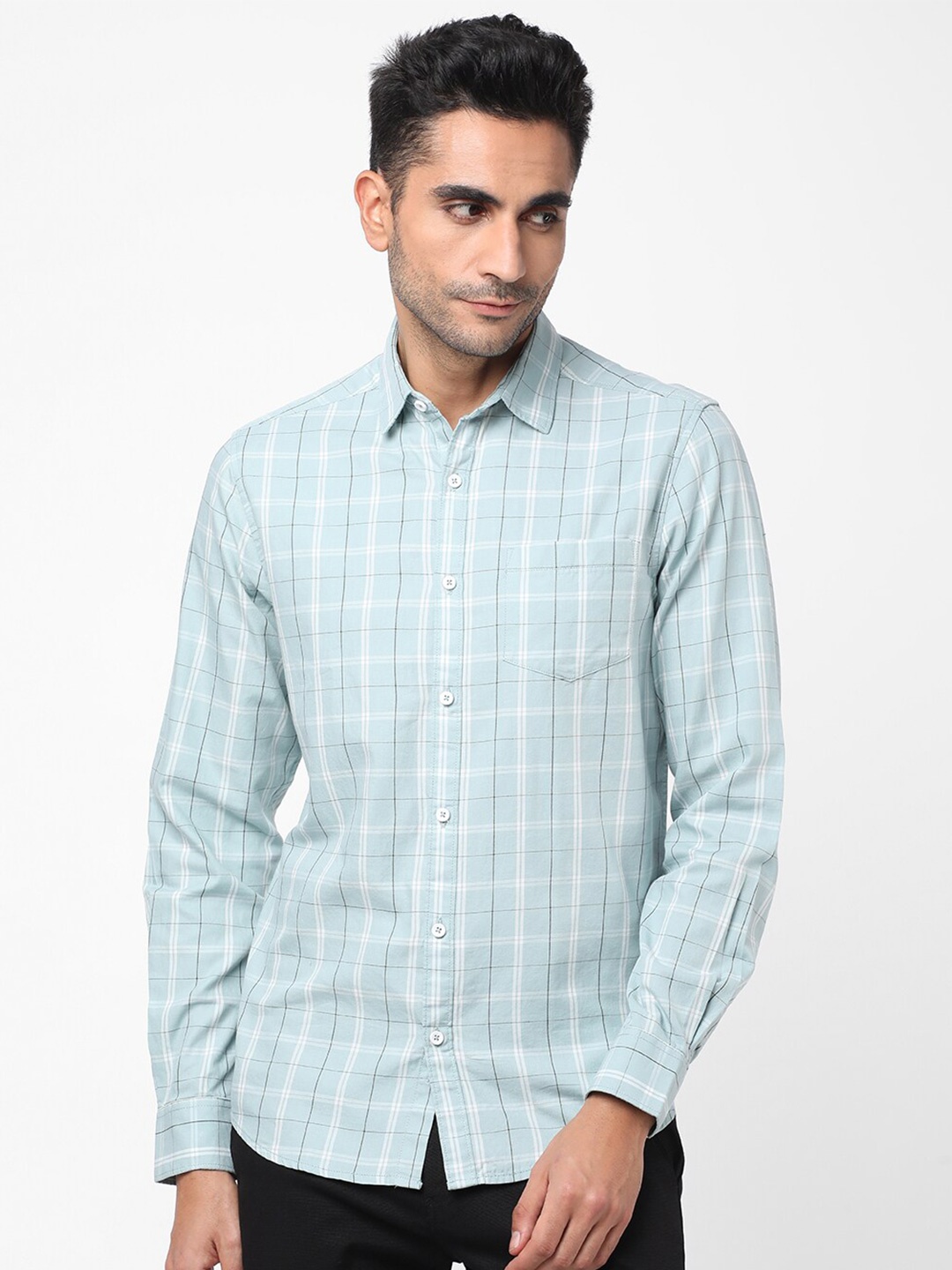 

R&B Grid Tattersall Checked Cotton Casual Shirt, Green