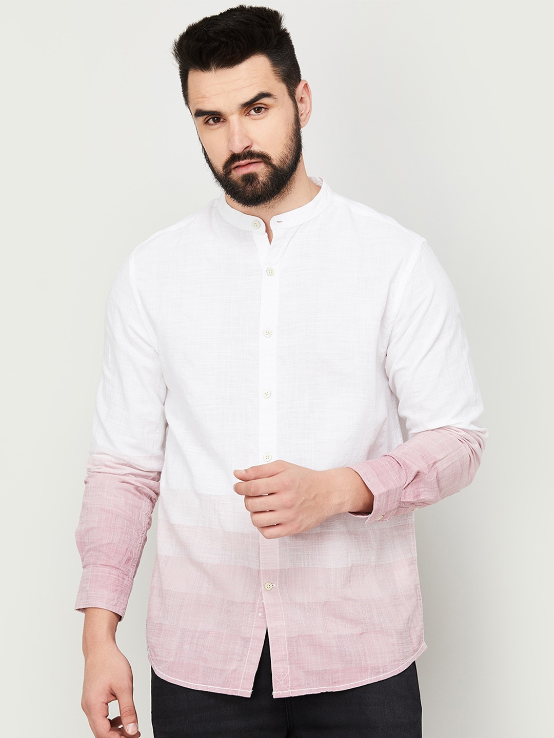 

Melange by Lifestyle Mandarin Collar Opaque Ombre Cotton Casual Shirt, Pink
