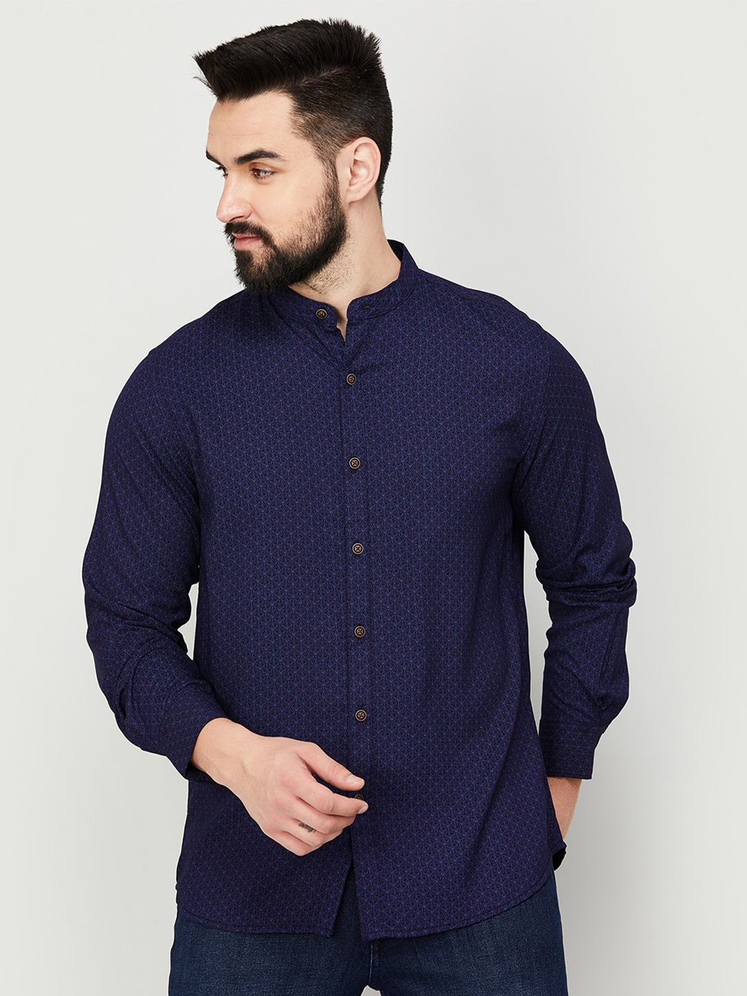 

Melange by Lifestyle Mandarin Collar Opaque Printed Casual Shirt, Blue