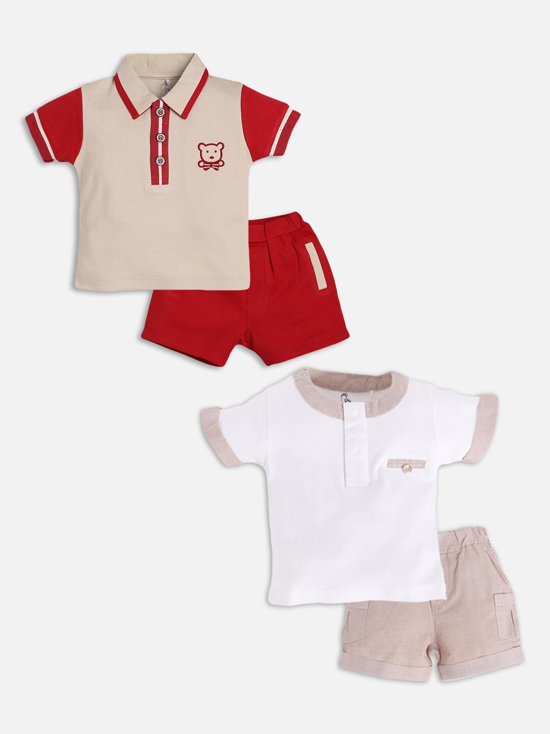 

BABY GO Kids Boys Pack Of 2 Polo Collar Pure Cotton T-Shirt With Shorts, Beige