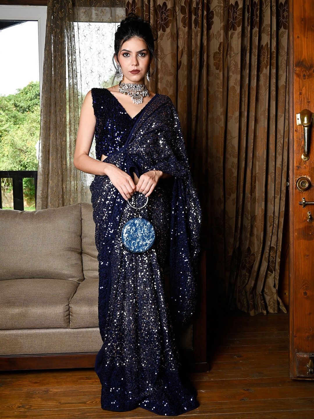 

ODETTE Embellished Sequinned Poly Georgette Saree, Blue