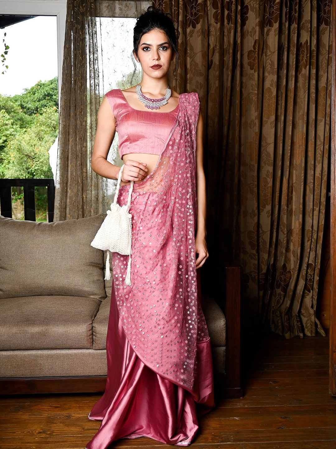 

ODETTE Embellished Sequinned Satin Saree, Pink