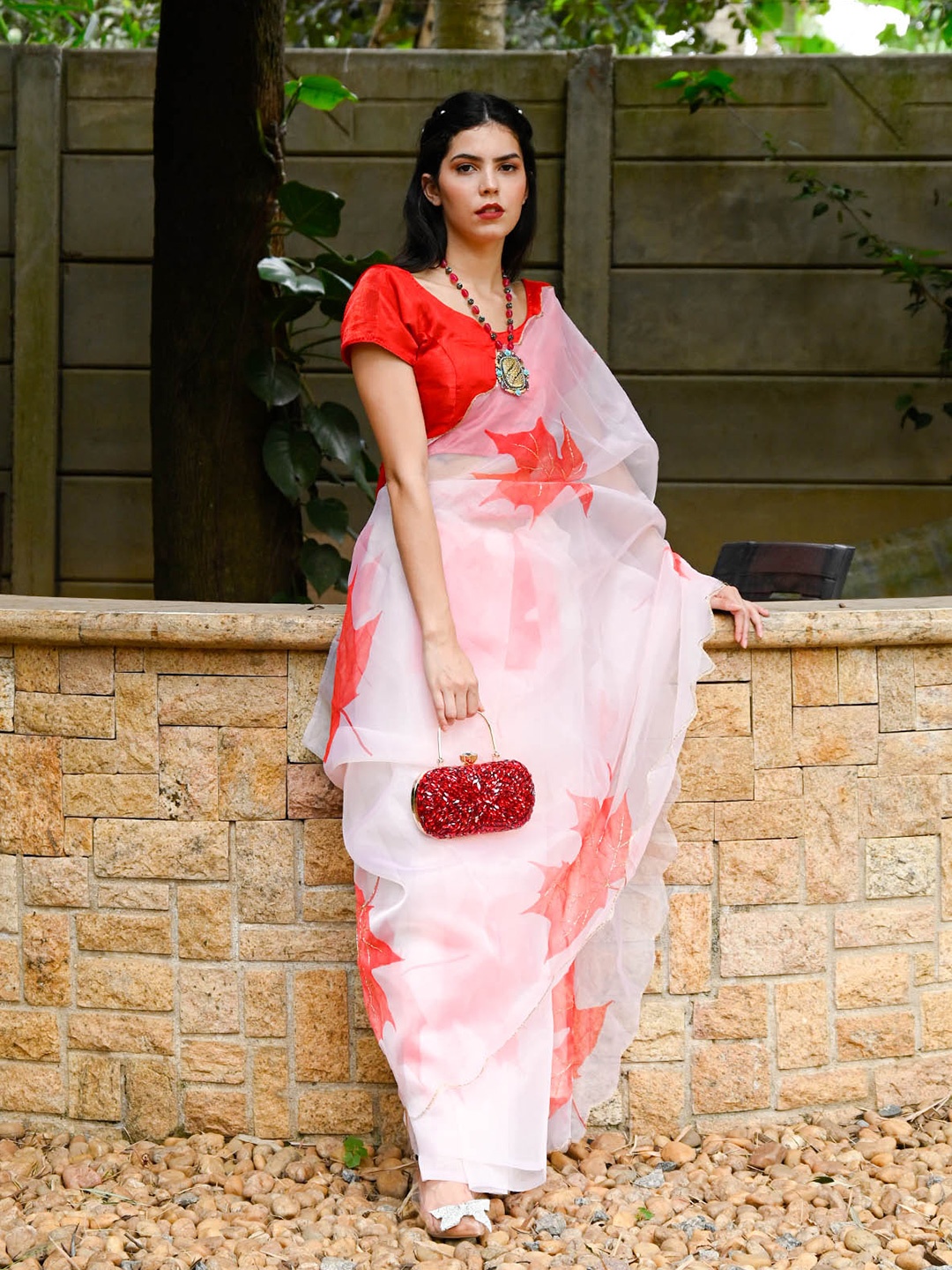 

ODETTE Floral Printed Organza Saree, White