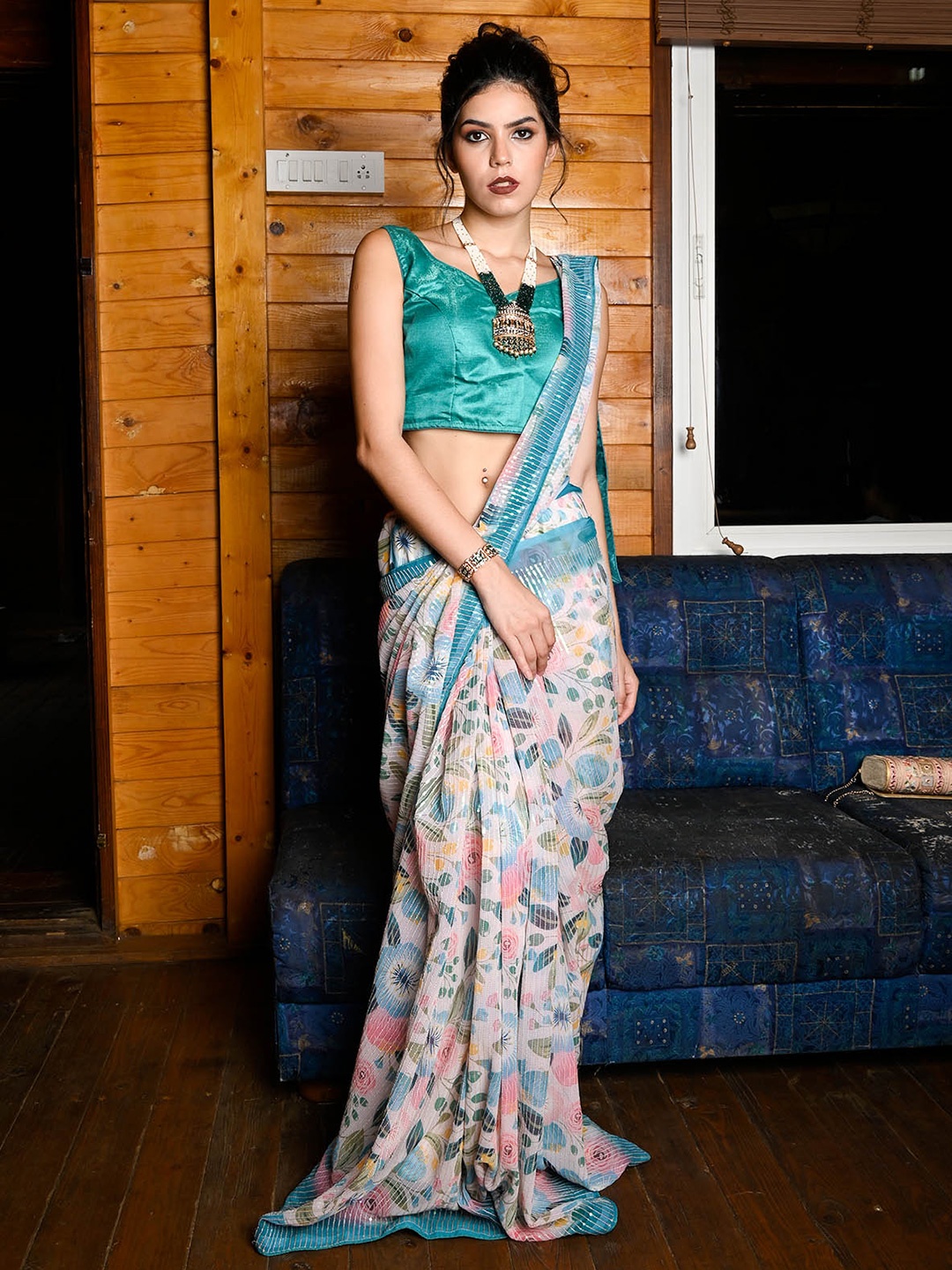 

ODETTE Embellished Sequinned Poly Georgette Saree, Blue
