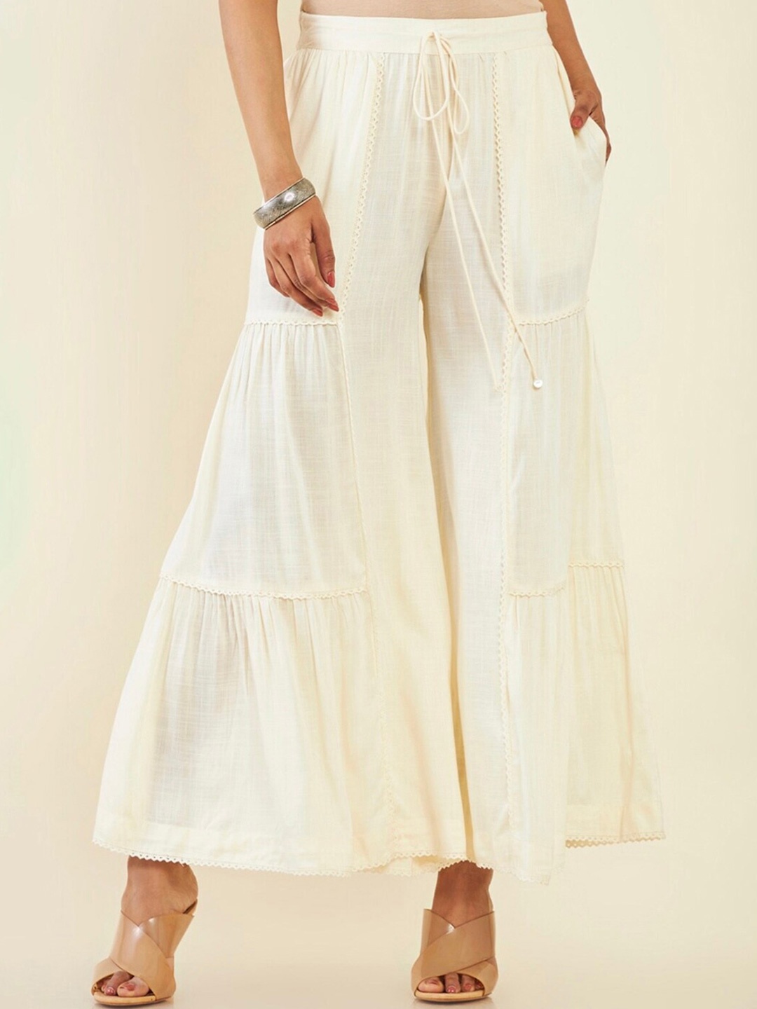 

BCZ Style Mid-Rise Gathered Flared Fit Sharara, Off white