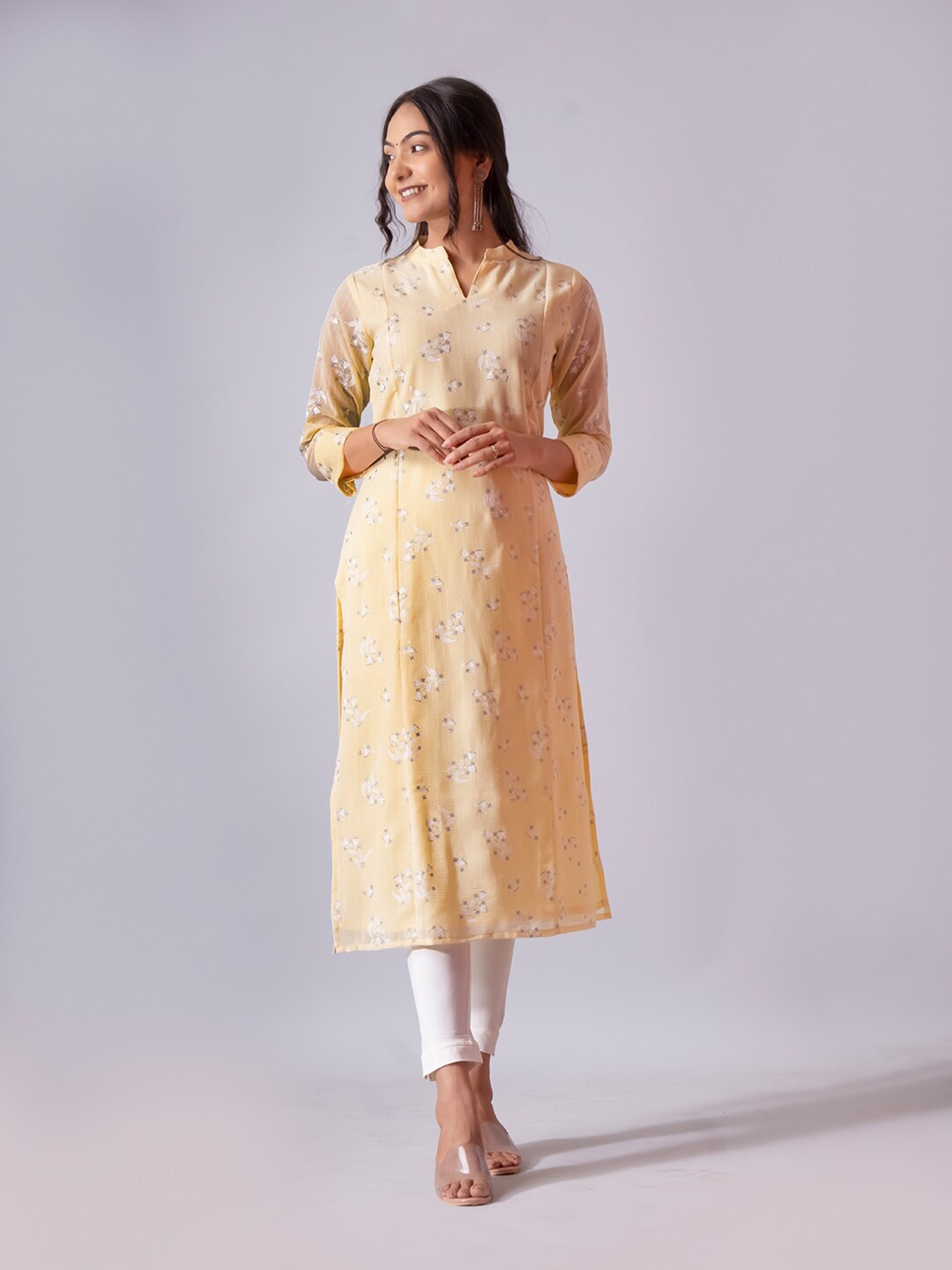 

NAYRA Floral Printed Mandarin Collar Pure Georgette Straight Kurta, Yellow