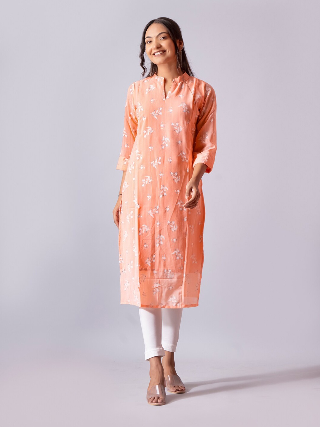 

NAYRA Floral Printed Mandarin Collar Pure Georgette Straight Kurta, Orange