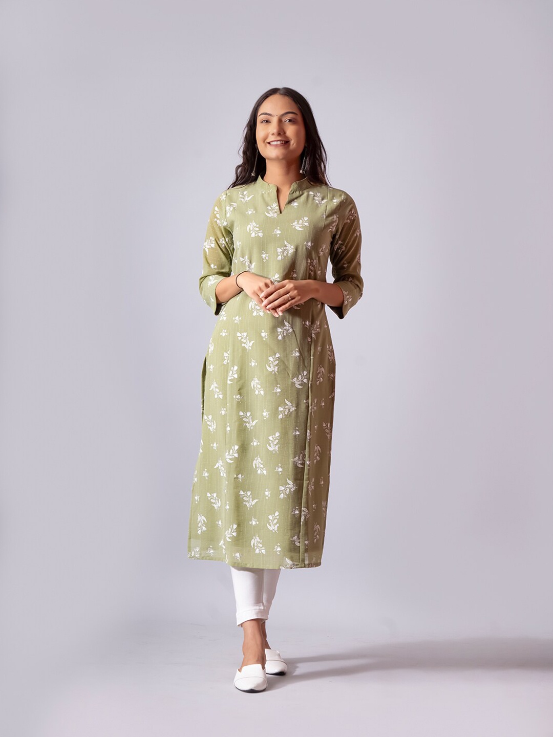 

NAYRA Floral Printed Mandarin Collar Georgette Kurta, Green