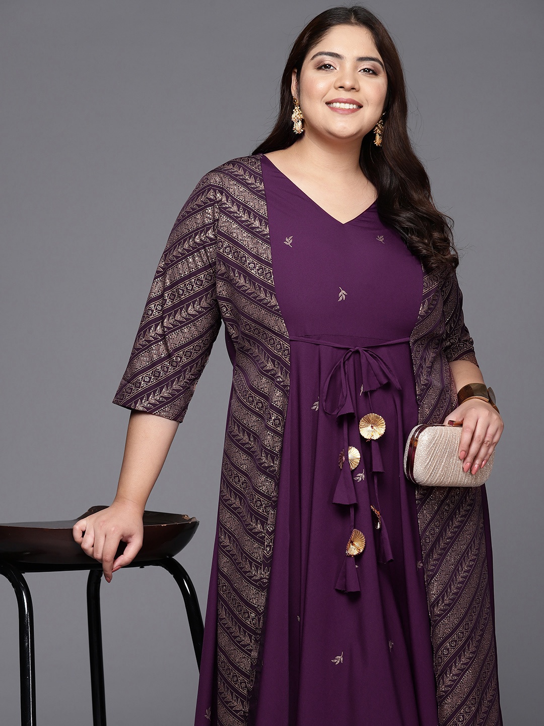 

A PLUS BY AHALYAA Plus Size V-neck Maxi Ethnic Dress, Purple