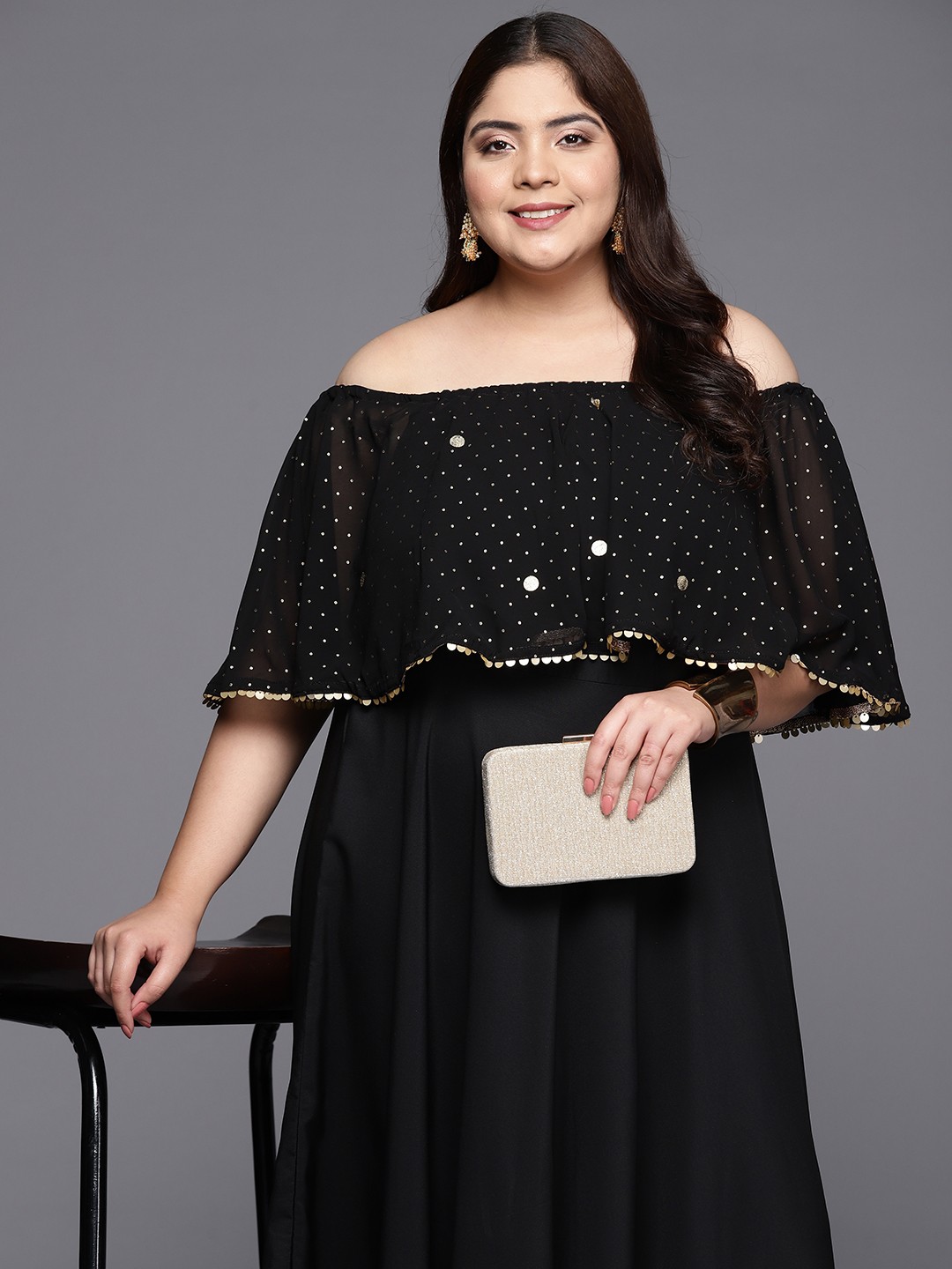 

A PLUS BY AHALYAA Plus Size Off-Shoulder Maxi Ethnic Dress, Black