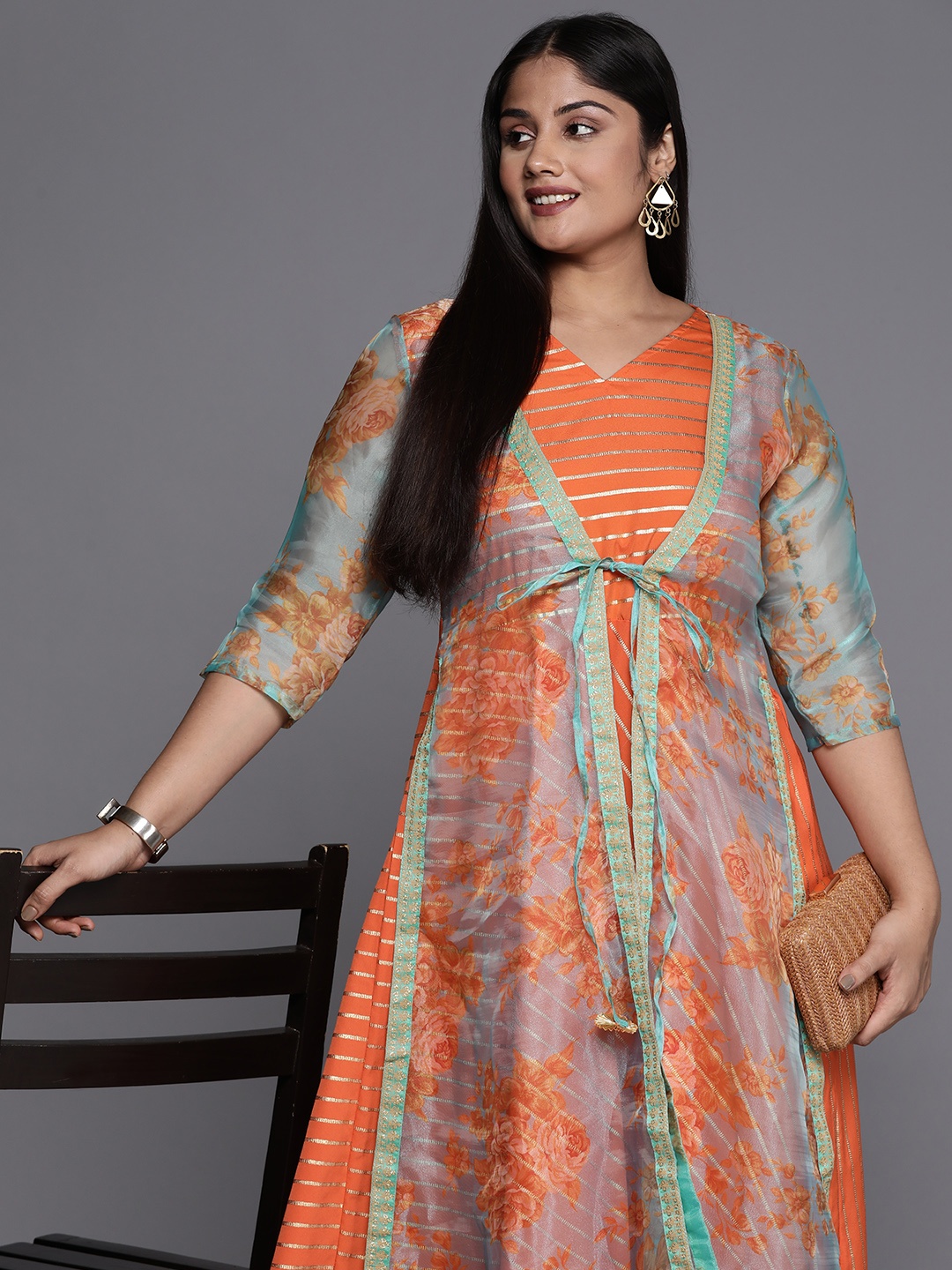 

A PLUS BY AHALYAA Plus Size V-Neck Maxi Ethnic Dress, Orange