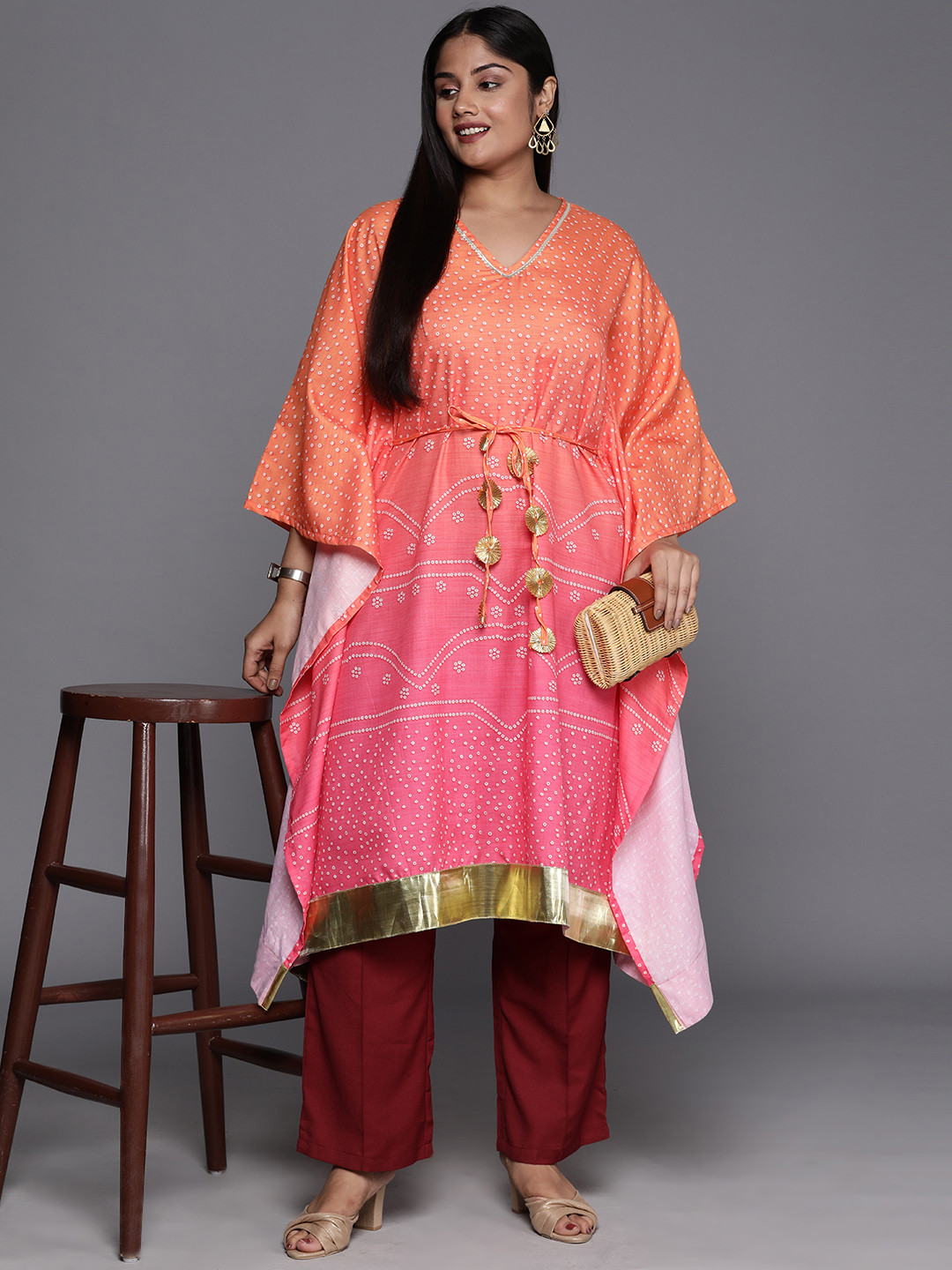 

A PLUS BY AHALYAA Plus Size Bandhani Printed Flared Sleeves Gotta Patti Kaftan Kurta, Pink