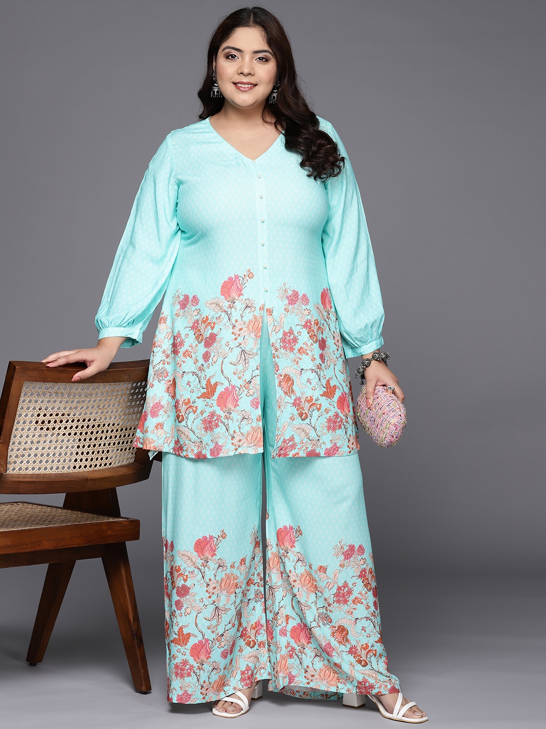 

A PLUS BY AHALYAA Women Plus Size Tunic with Palazzos, Blue