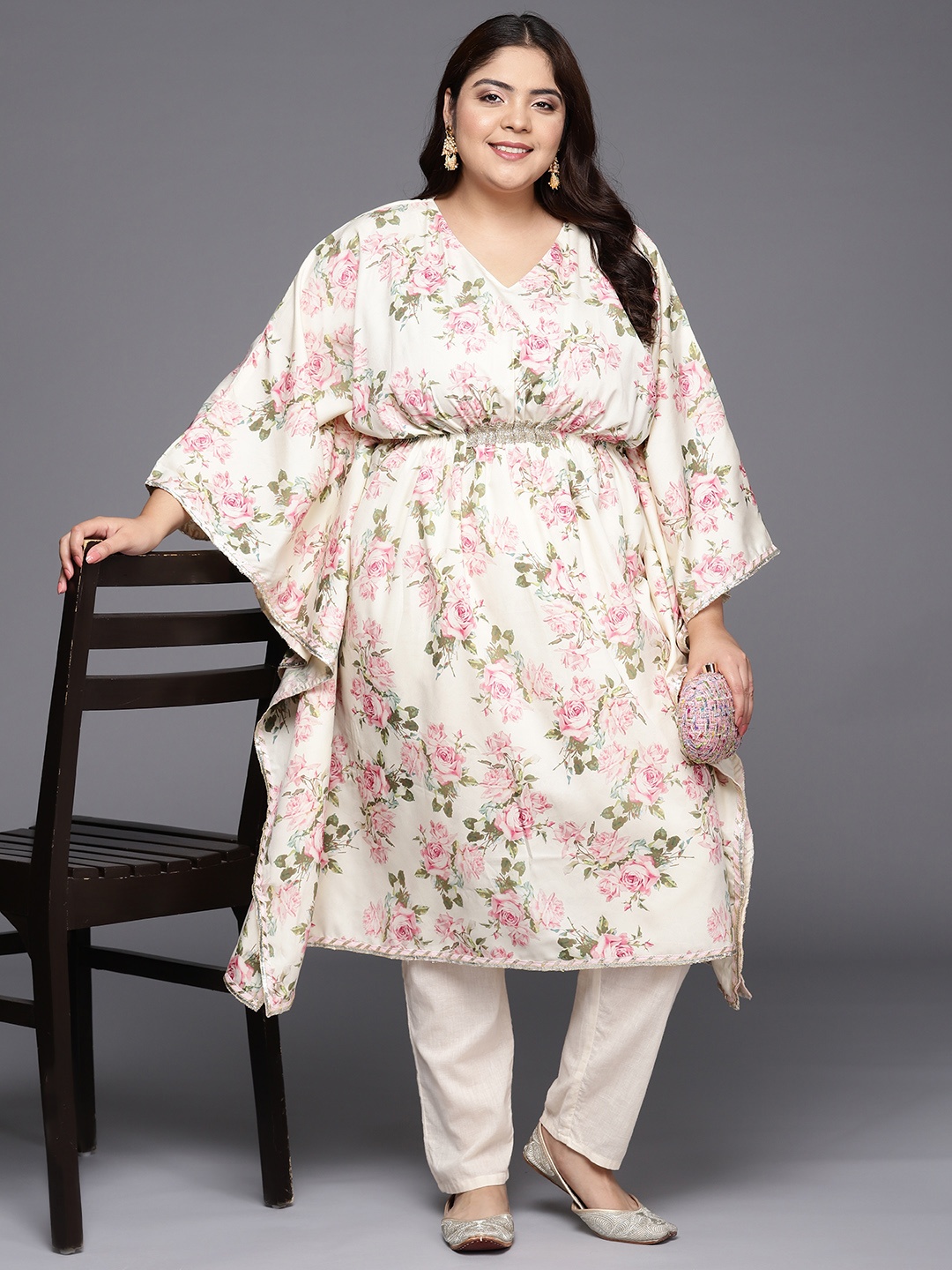 

A PLUS BY AHALYAA Plus Size Floral Printed Flared Sleeves Kaftan Kurta, Cream