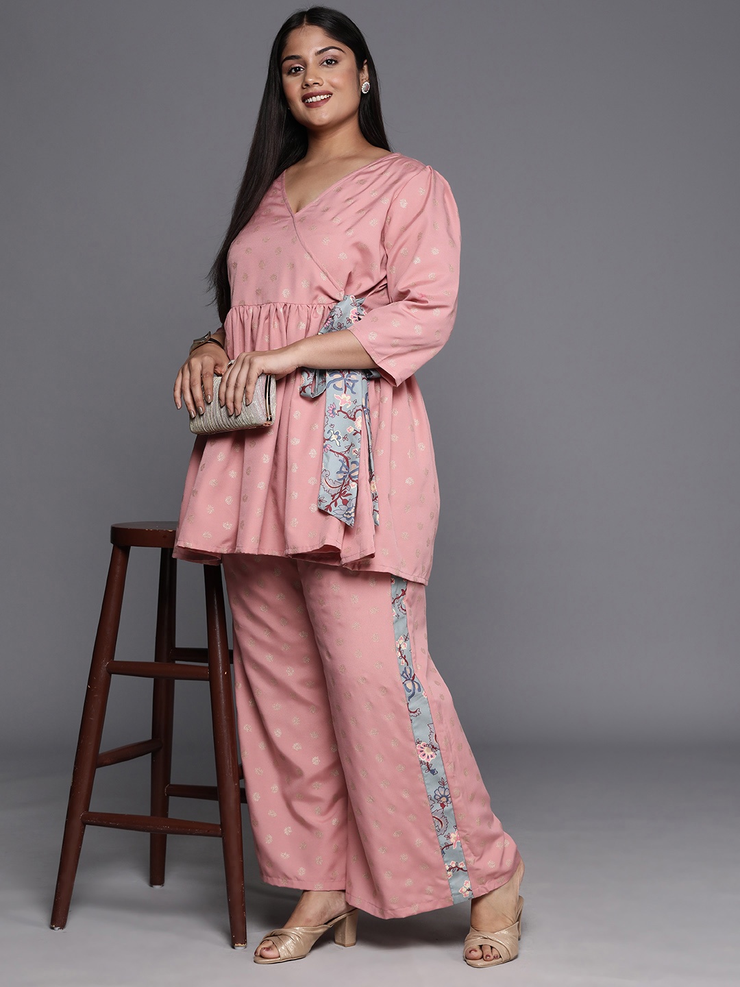

A PLUS BY AHALYAA Plus Size Ethnic Printed Wrap Tunic with Palazzos, Pink