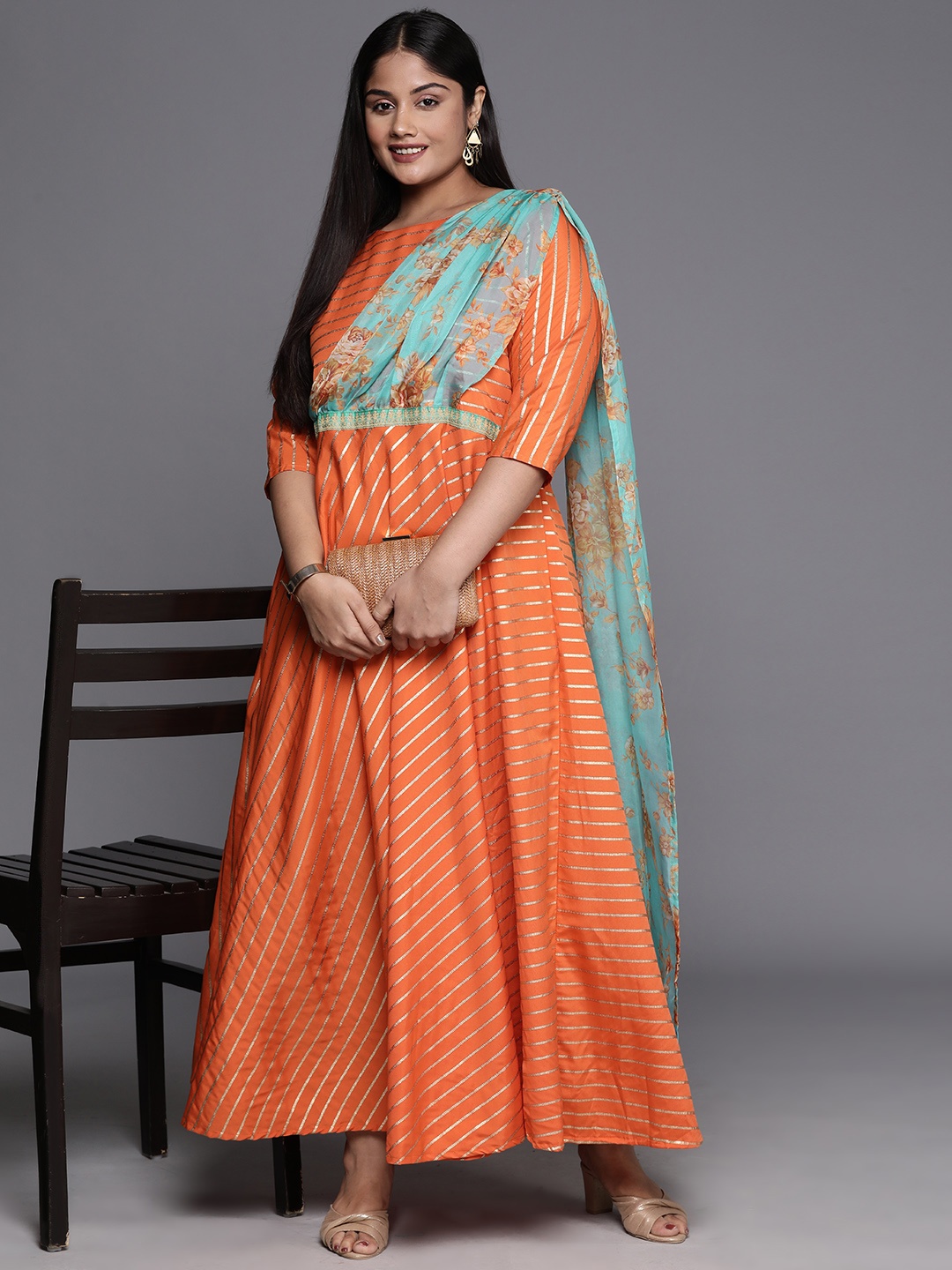 

A PLUS BY AHALYAA Plus Size Boat neck Maxi Ethnic Dress, Orange