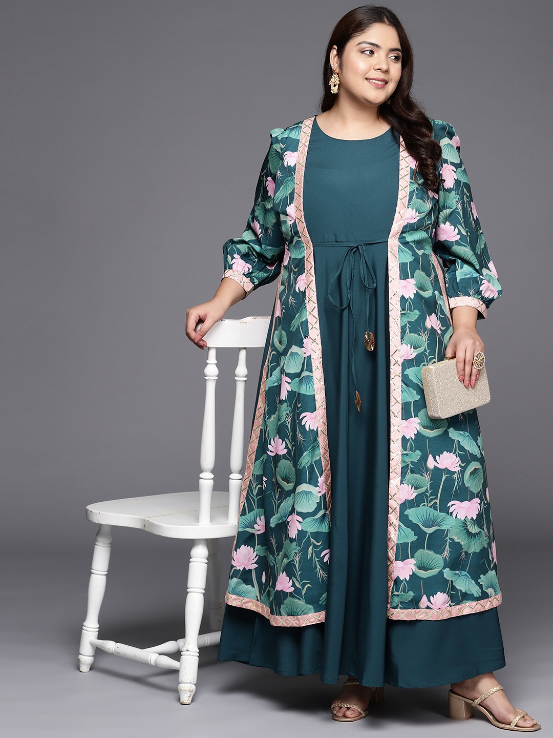 

A PLUS BY AHALYAA Plus Size Round neck Maxi Ethnic Dress, Green