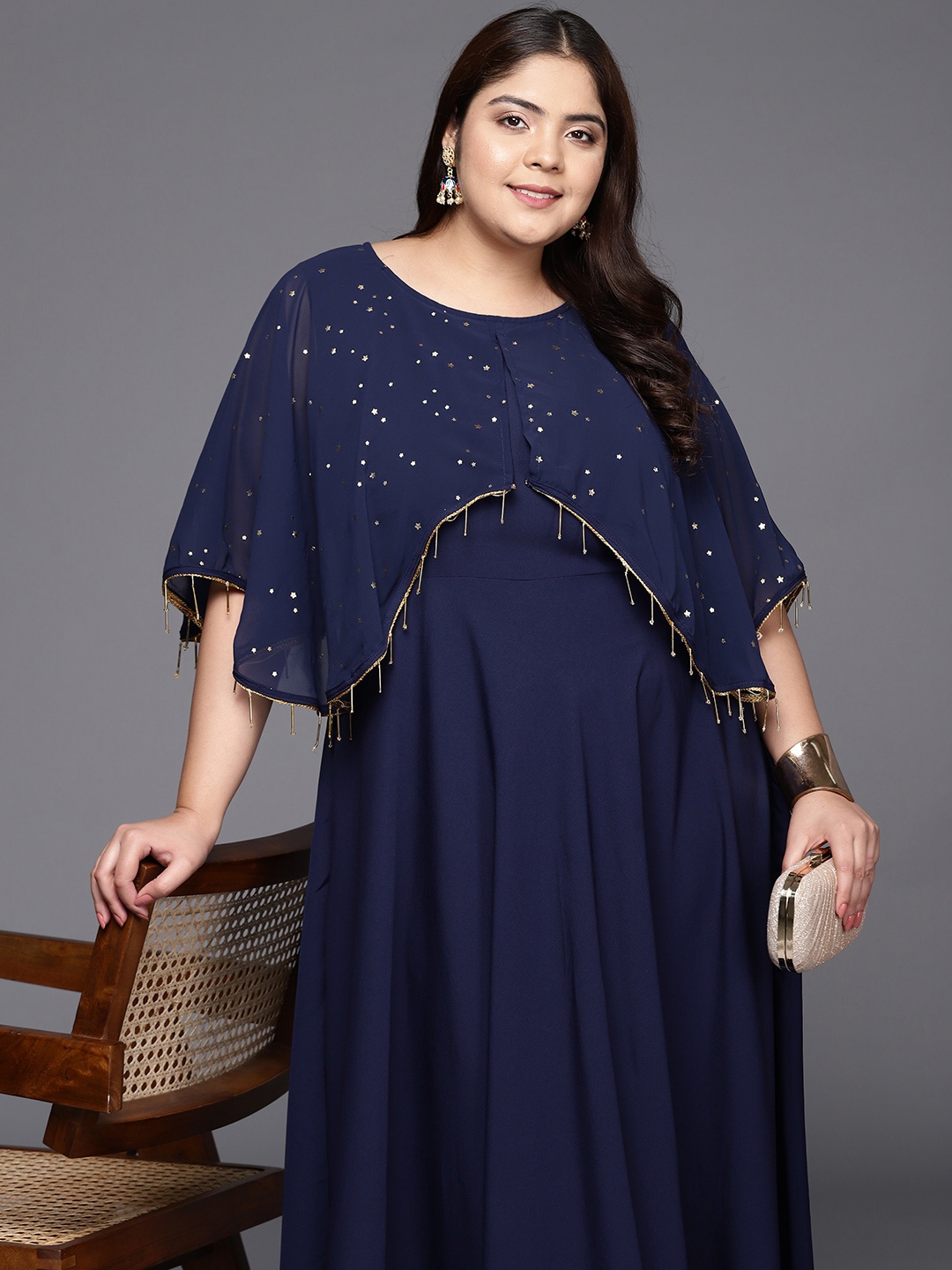 

A PLUS BY AHALYAA Plus Size Round neck Maxi Ethnic Dress, Navy blue