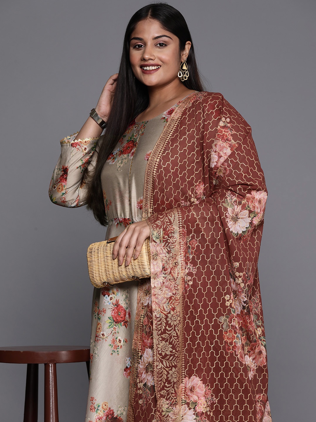

A PLUS BY AHALYAA Plus Size Round Neck Maxi Ethnic Dress With Dupatta, Beige