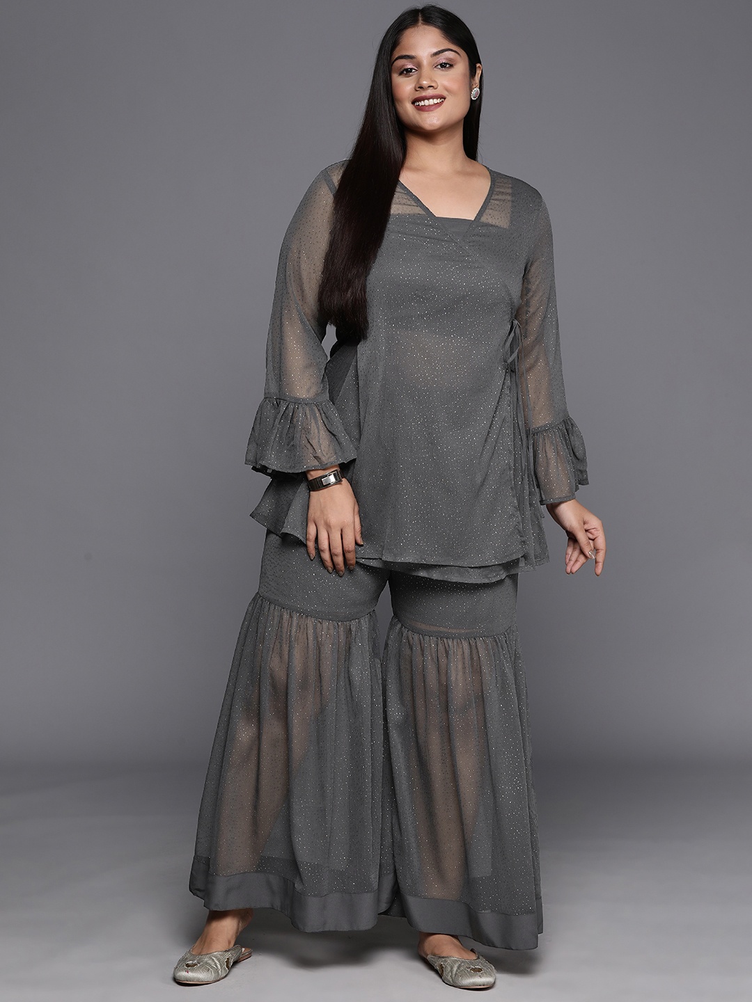 

A PLUS BY AHALYAA Plus Size Printed Chiffon Wrap Tunic with Sharara, Grey