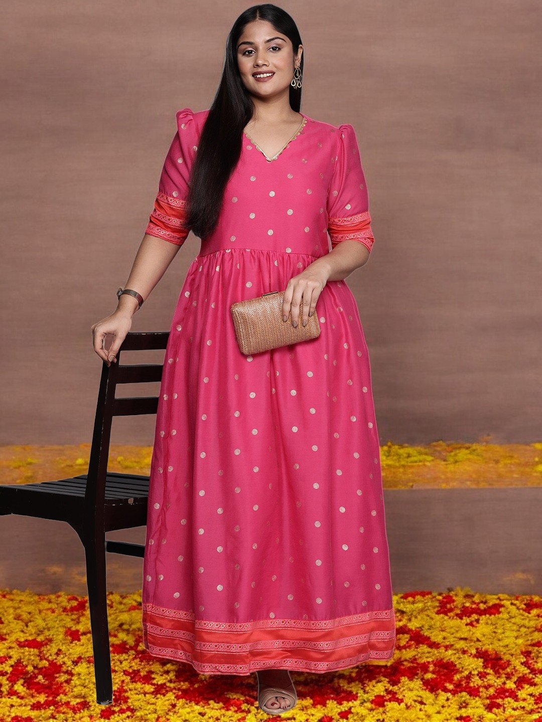 A PLUS BY AHALYAA Plus Size V-Neck Maxi Ethnic Dress, Pink