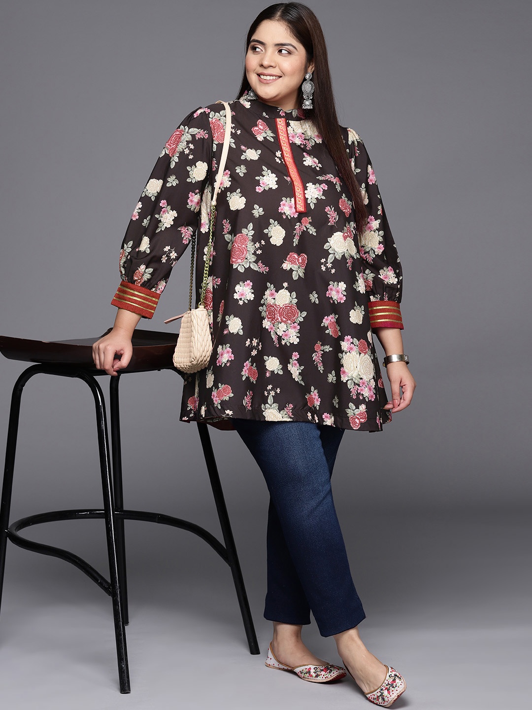 

A PLUS BY AHALYAA Mandarin Collar Crepe Floral Printed Tunic, Black