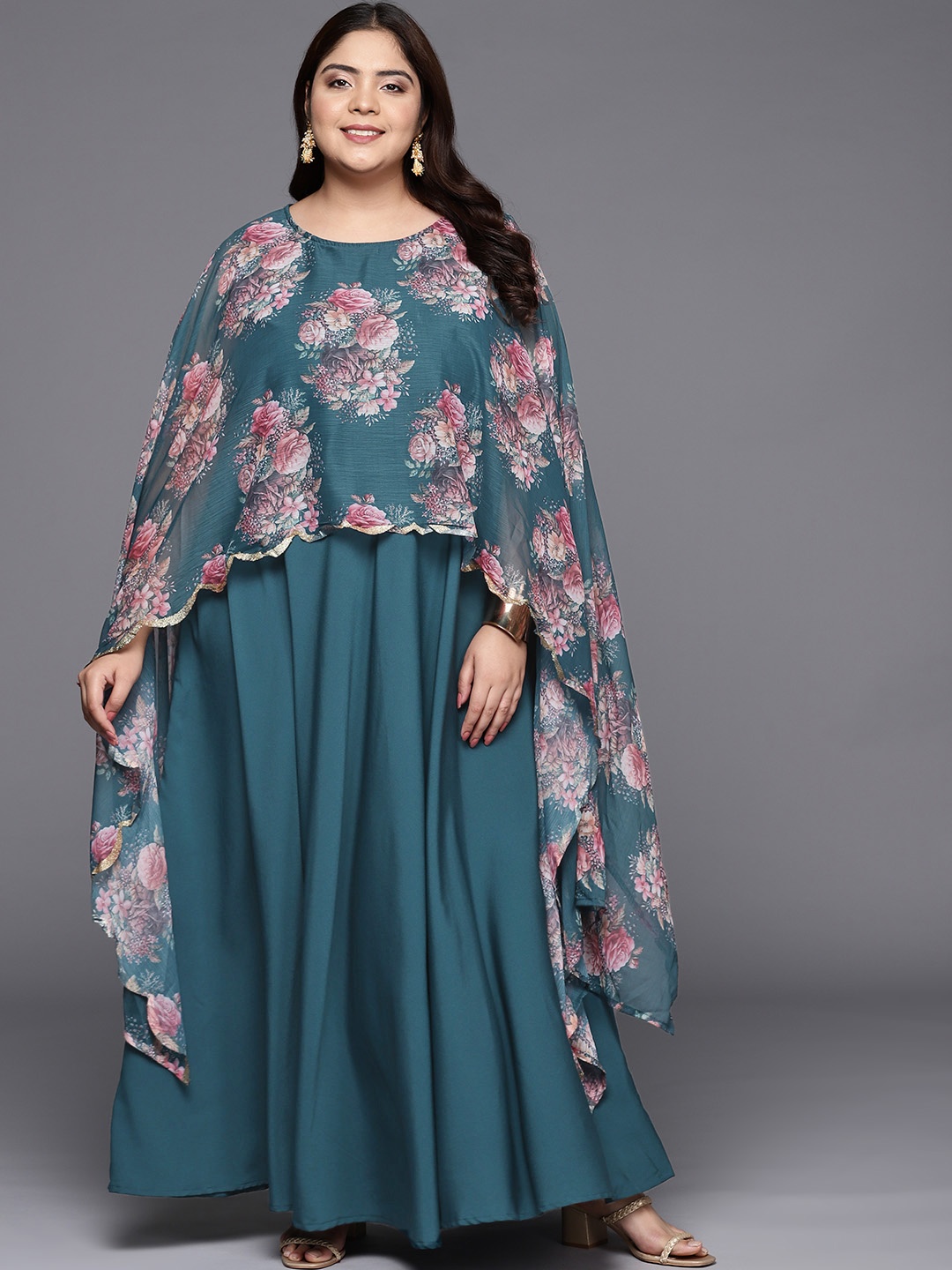 

A PLUS BY AHALYAA Plus Size Boat Neck Maxi Ethnic Dress, Green