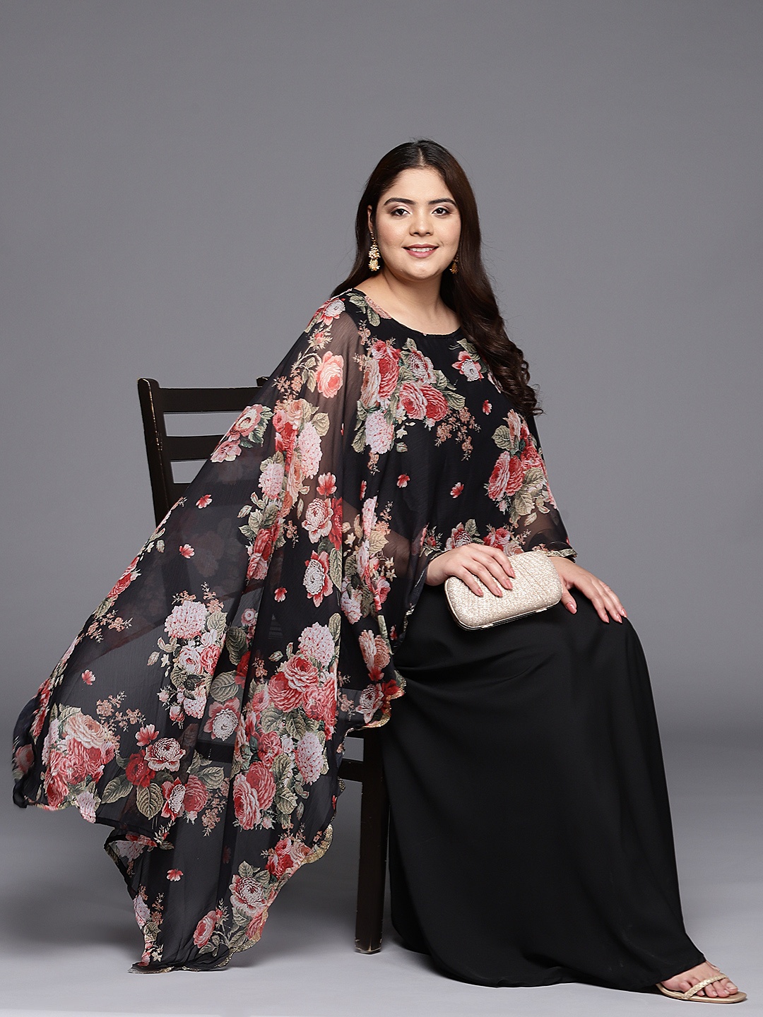 

A PLUS BY AHALYAA Plus Size Boat Neck Maxi Ethnic Dress, Black