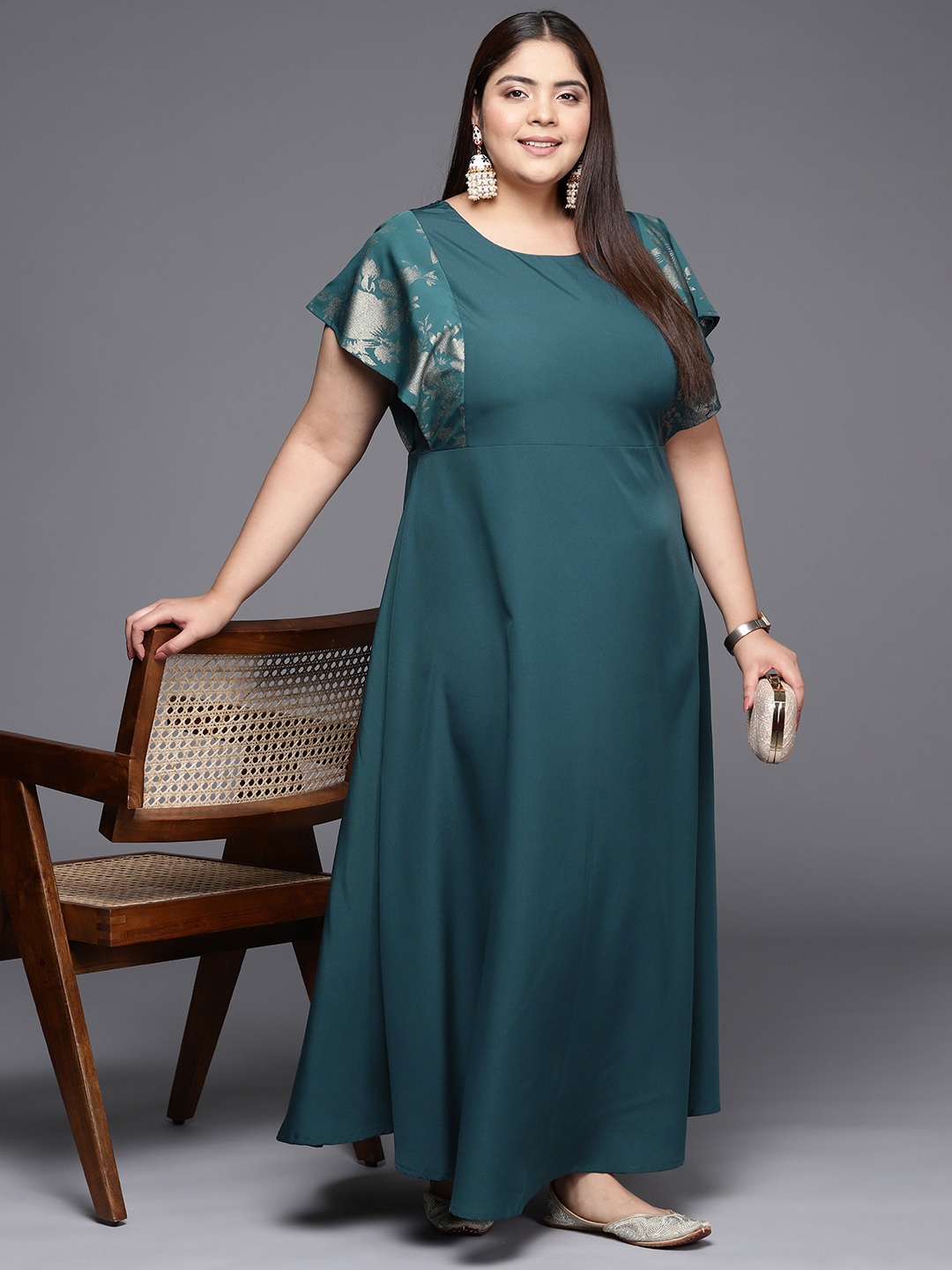 

A PLUS BY AHALYAA Plus Size Floral Print Crepe Flared Sleeves A-line Maxi Ethnic Dress, Green