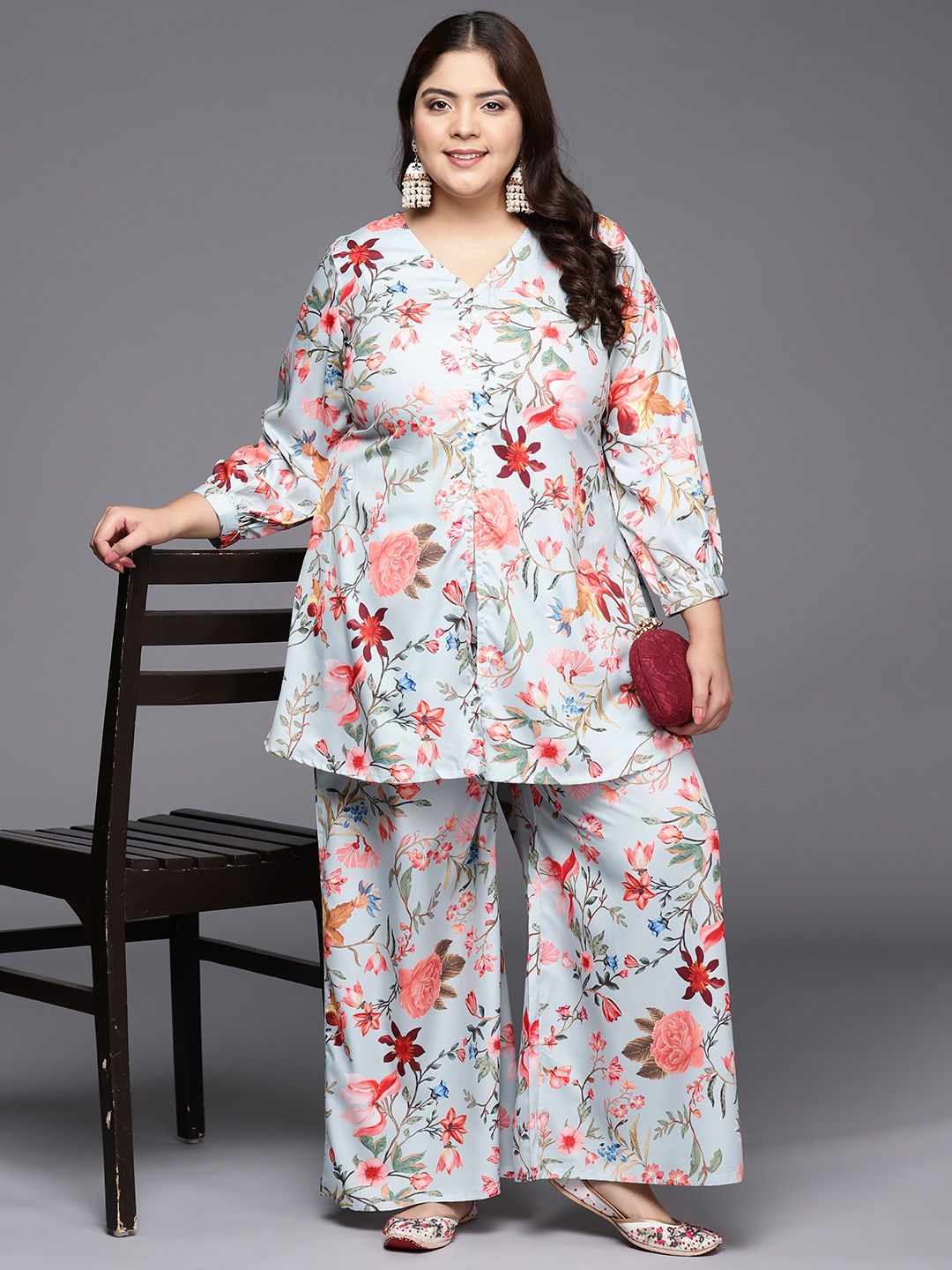 

A PLUS BY AHALYAA Women Plus Size Printed Tunic with Palazzos, Grey