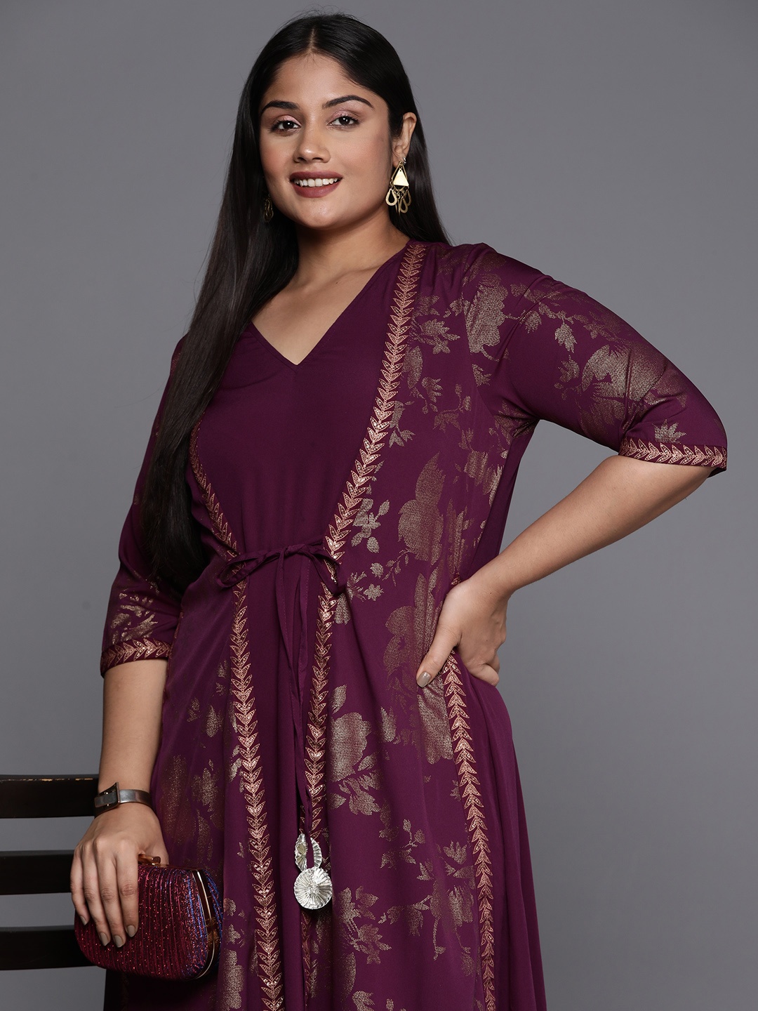 

A PLUS BY AHALYAA Plus Size Floral Print Crepe Layered A-line Maxi Ethnic Dress, Burgundy