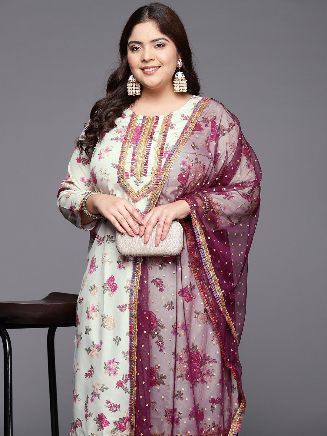 

A PLUS BY AHALYAA Plus Size Floral Printed Zari Kurta with Palazzos & With Dupatta, Beige