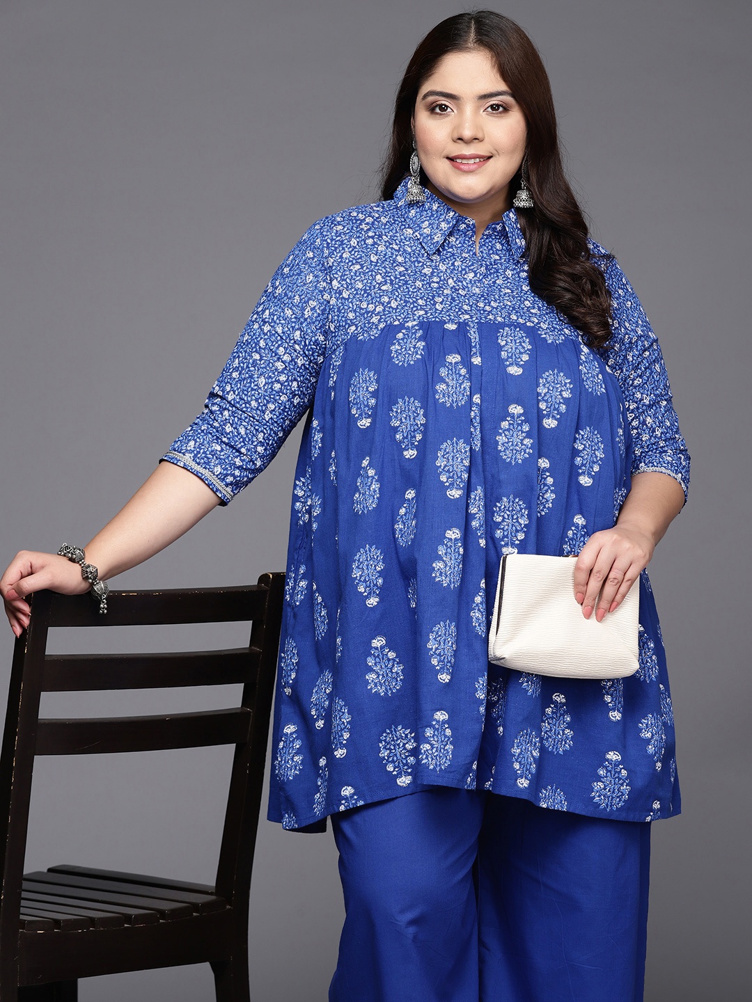 

A PLUS BY AHALYAA Women Plus Size Cotton Tunic with Palazzos, Blue