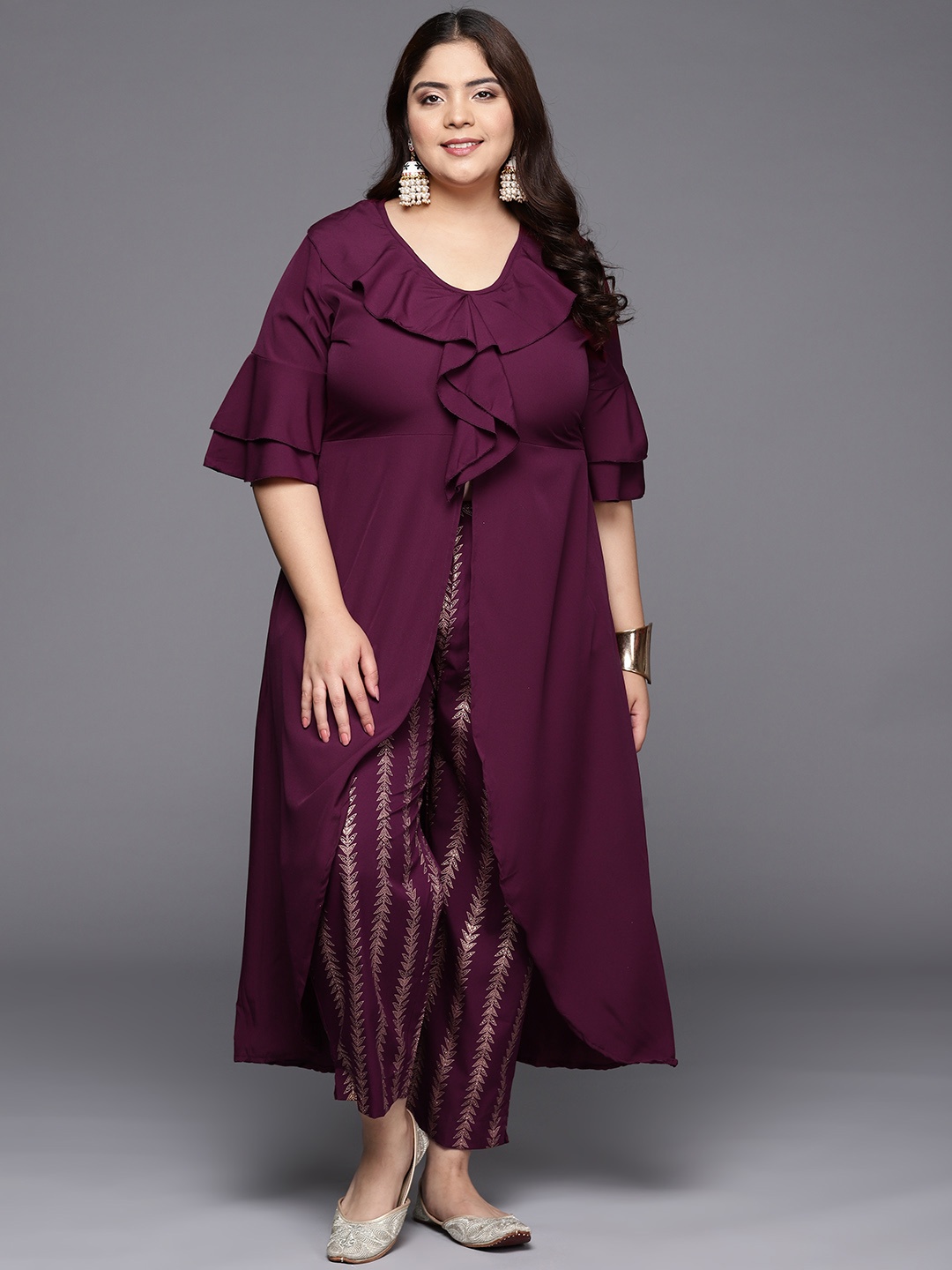 

A PLUS BY AHALYAA Women Plus Size Tunic with Trousers, Burgundy