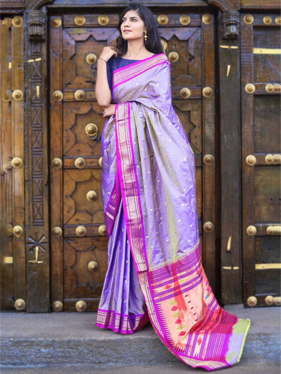 

Very Much Indian Ethnic Motifs Woven Design Zari Pure Silk Paithani Saree, Pink