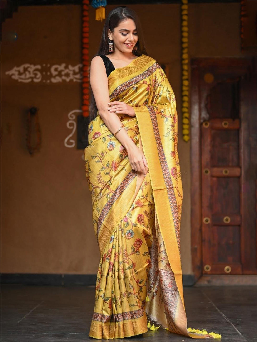 

Very Much Indian Floral Silk Cotton Saree, Yellow