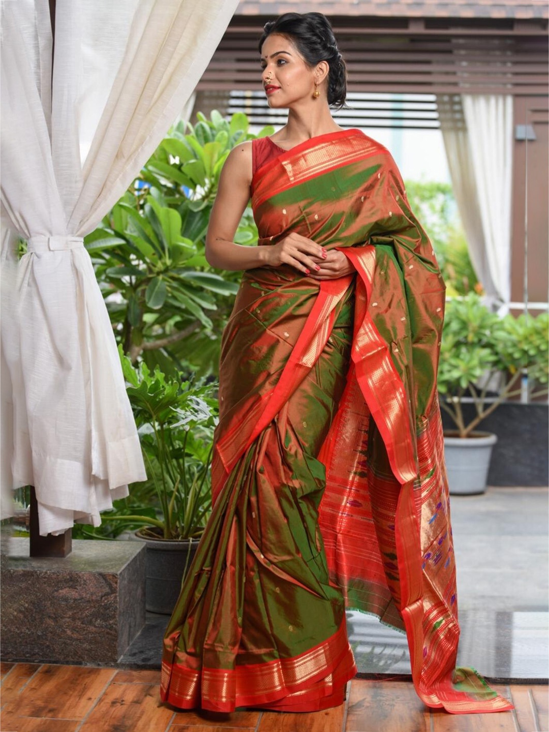 

Very Much Indian Dual Tone Ethnic Motifs Woven Design Zari Pure Silk Paithani Saree, Green