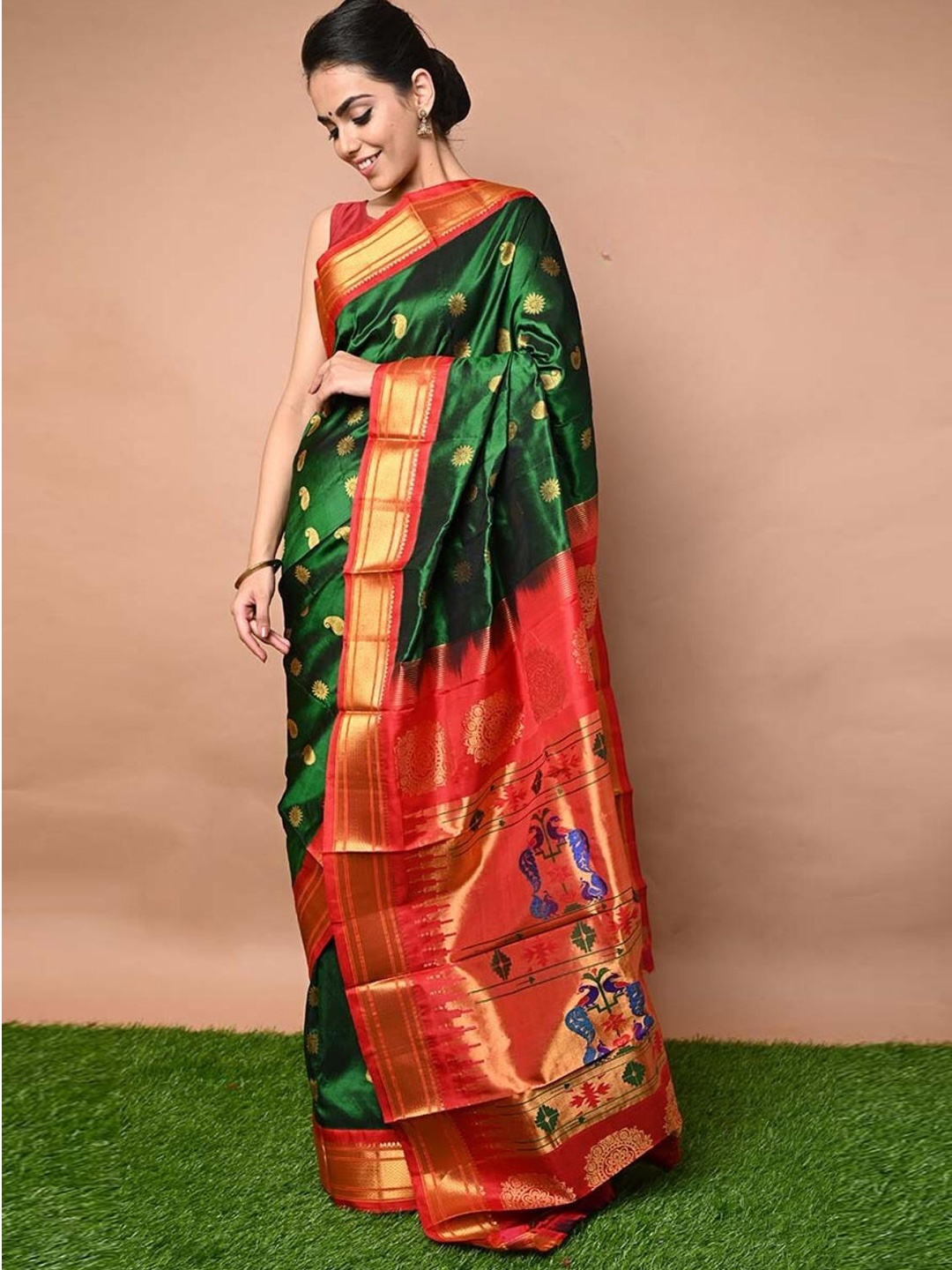 

Very Much Indian Ethnic Motifs Woven Design Zari Pure Silk Paithani Saree, Green