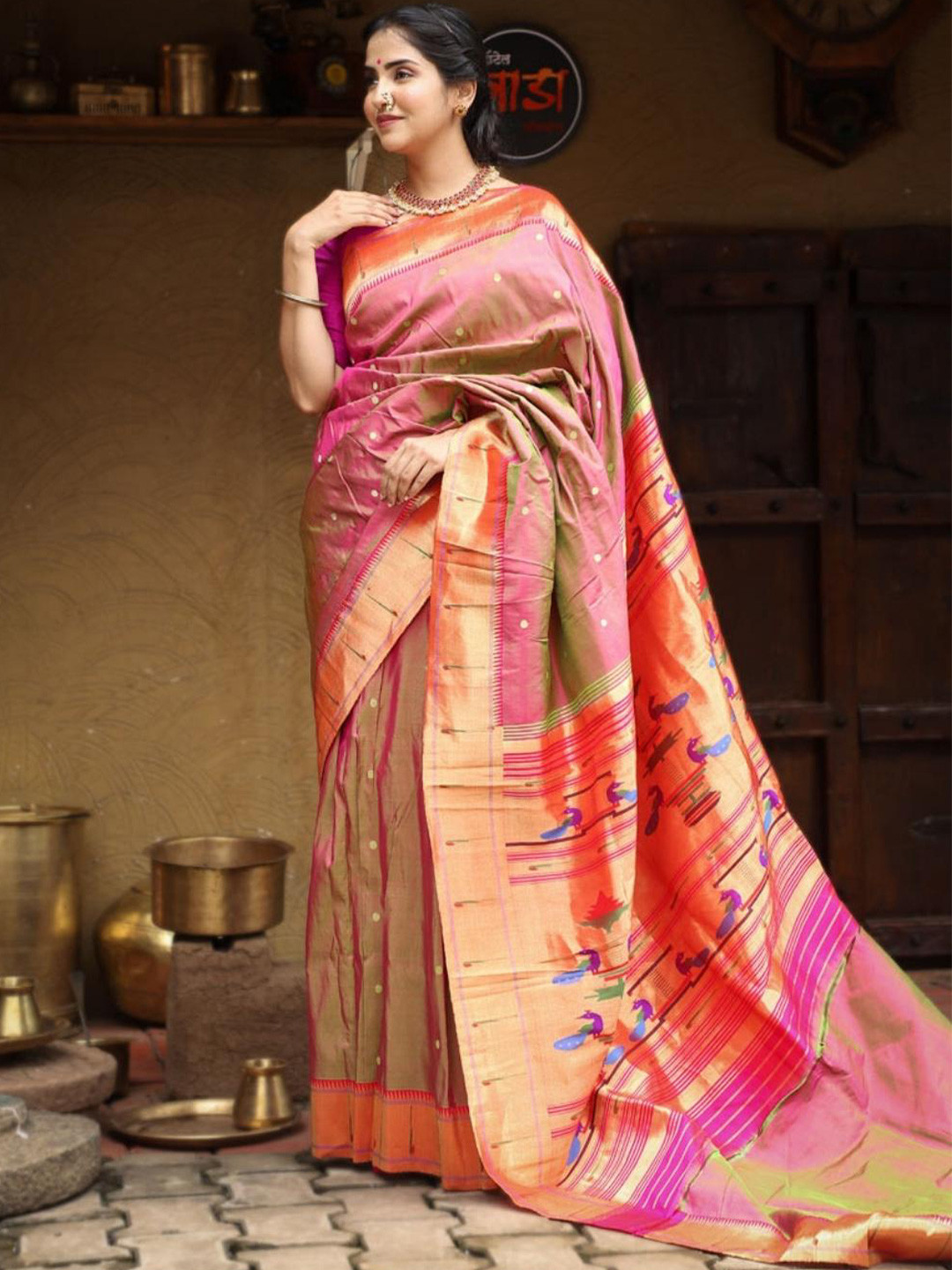 

Very Much Indian Ethnic Motif Woven Design Zari Pure Silk Paithani Saree, Mauve