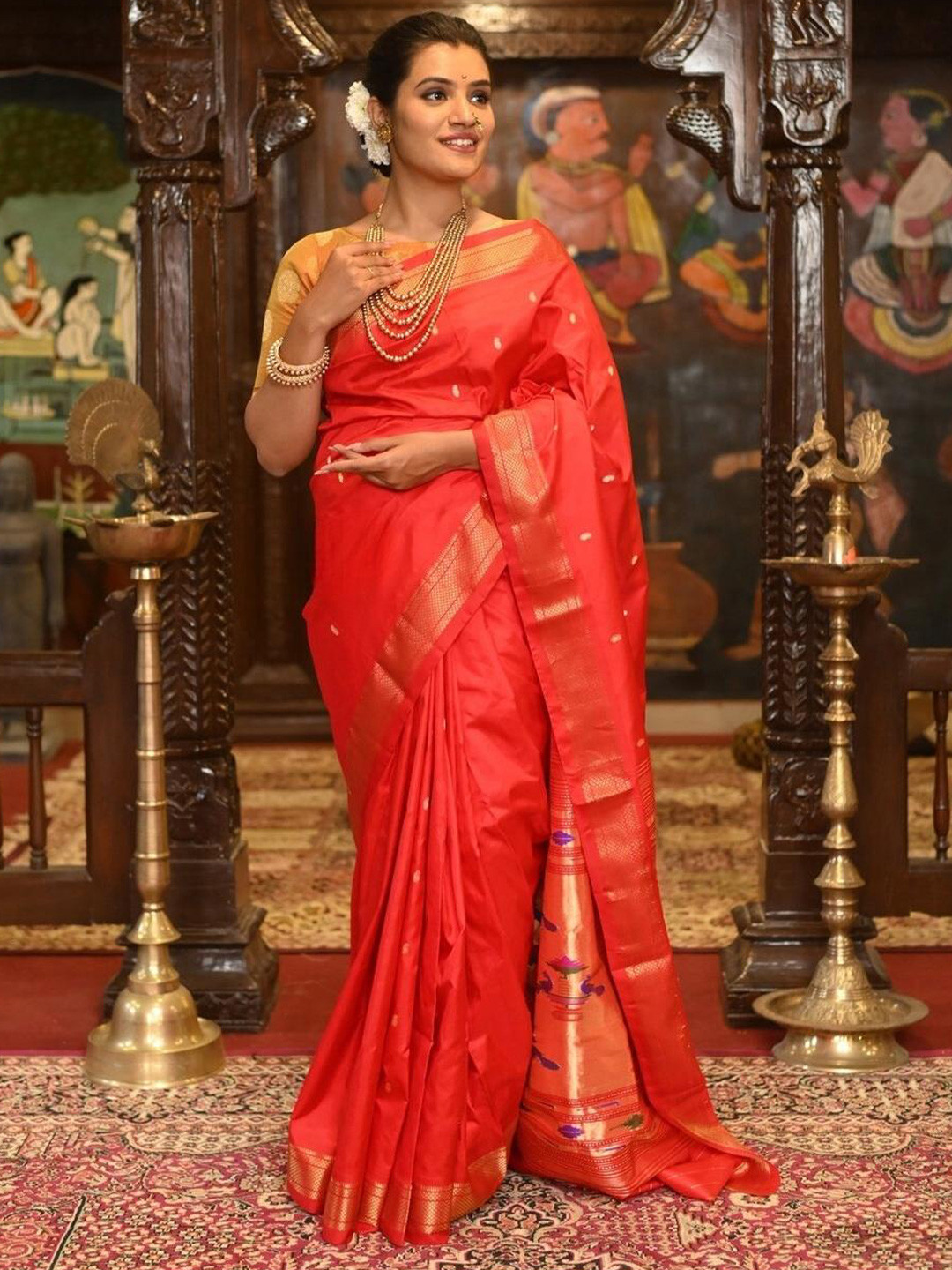 

Very Much Indian Ethnic Motif Woven Design Zari Pure Silk Paithani Saree, Red