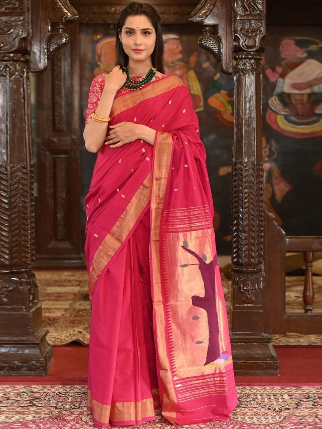 

Very Much Indian Woven Design Zari Pure Cotton Paithani Saree, Red