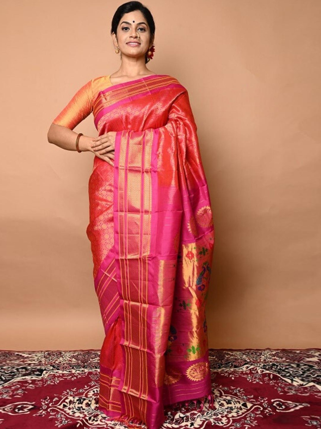 

Very Much Indian Ethnic Motifs Woven Design Zari Pure Silk Paithani Saree, Pink