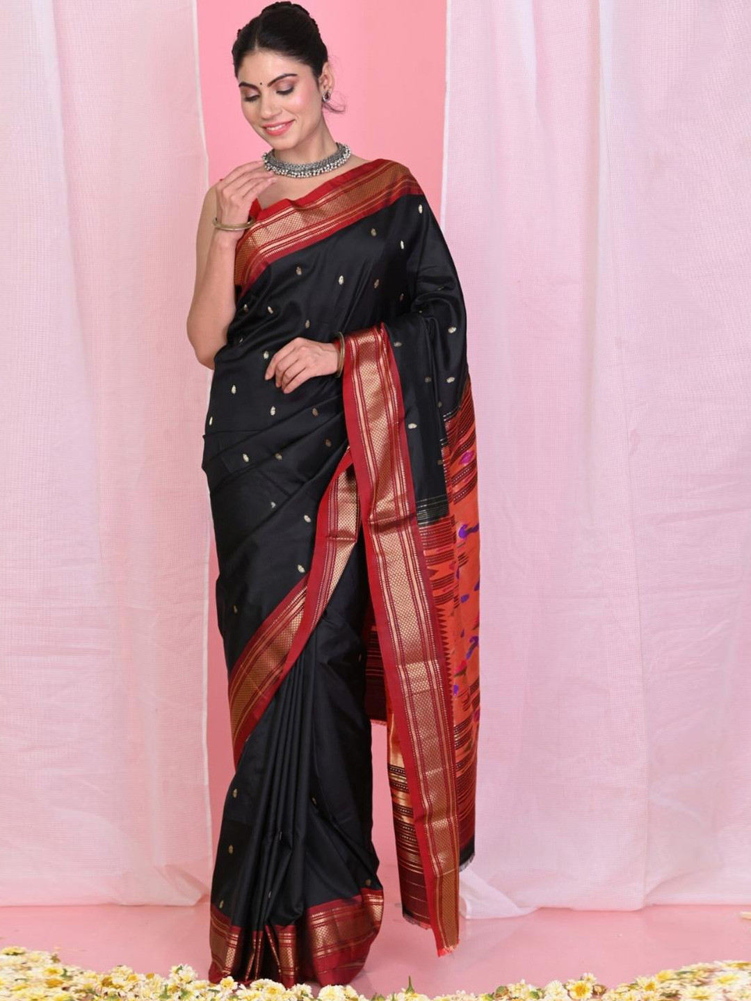 

Very Much Indian Ethnic Motif Woven Design Zari Pure Silk Paithani Saree, Black