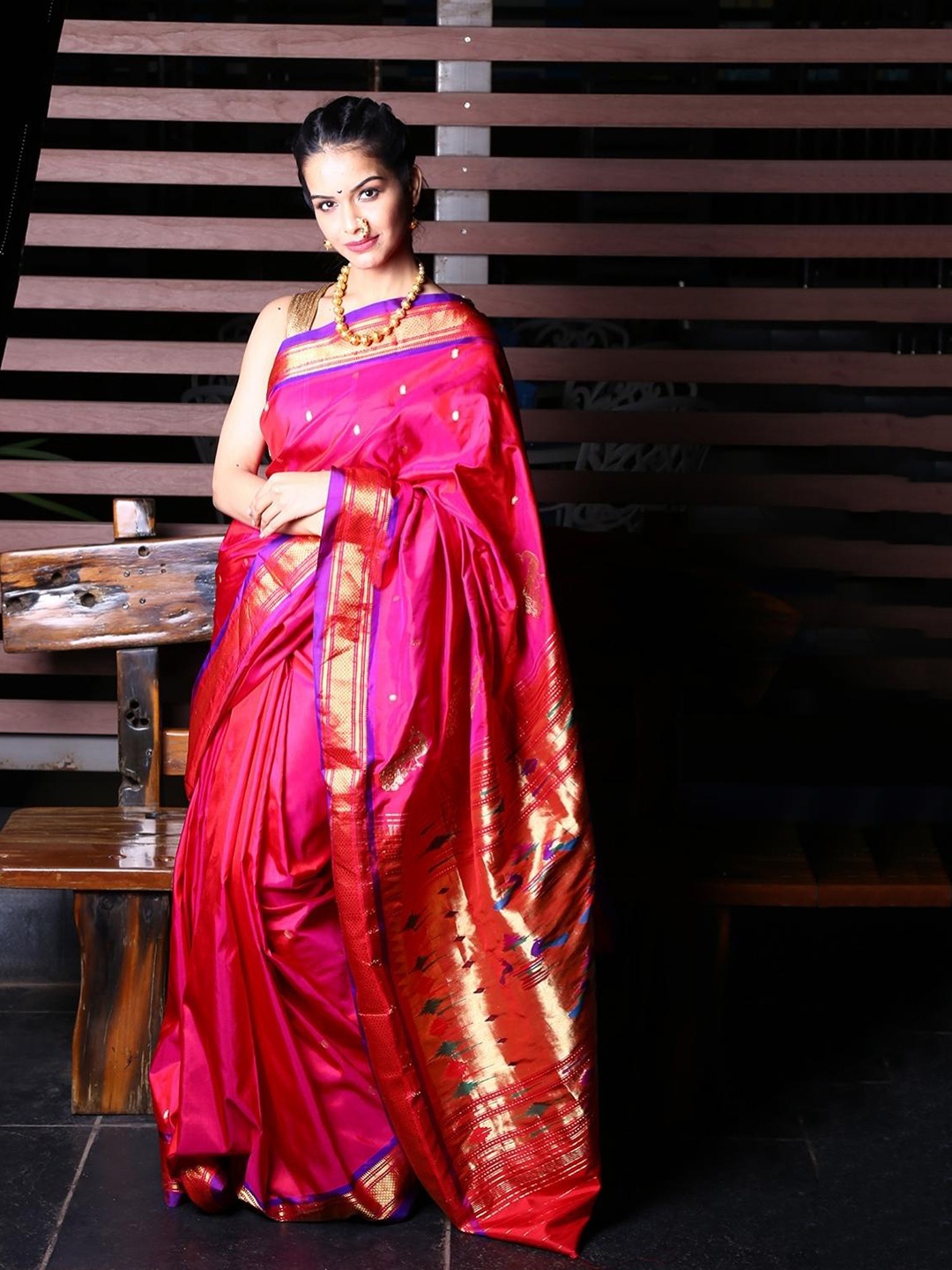 

Very Much Indian Ethnic Motif Woven Design Zari Pure Silk Paithani Saree, Pink