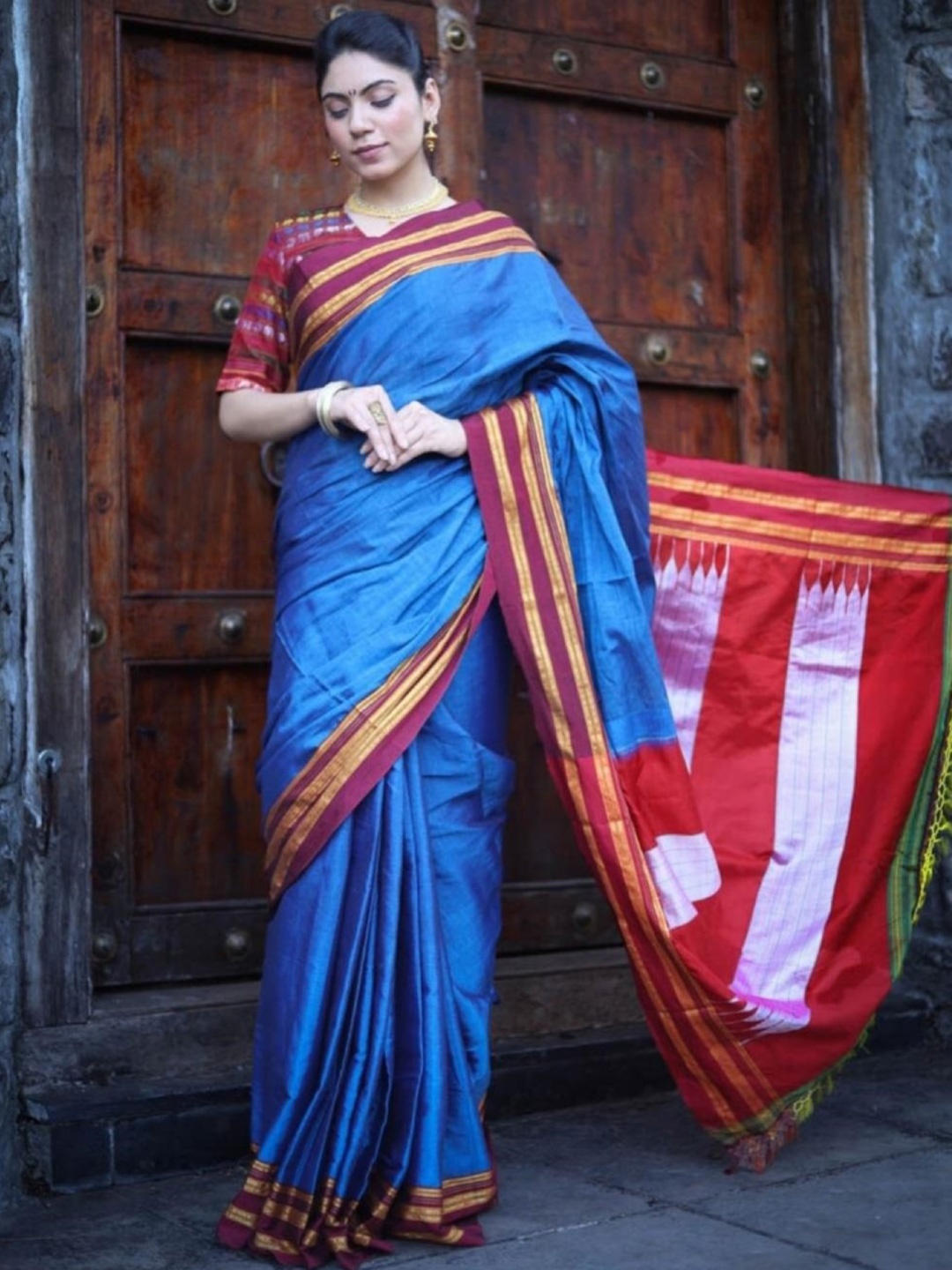 

Very Much Indian Blue & Red Zari Pure Cotton Ilkal Saree