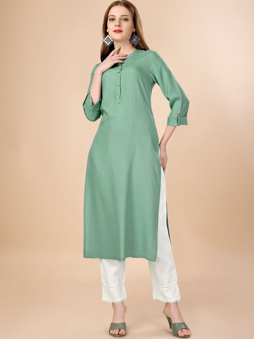 

HERE&NOW Three-Quarter Roll-Up Sleeves Kurta, Sea green