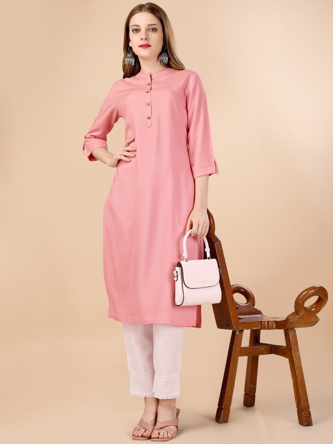 

HERE&NOW Three-Quarter Roll-Up Sleeves Kurta, Pink