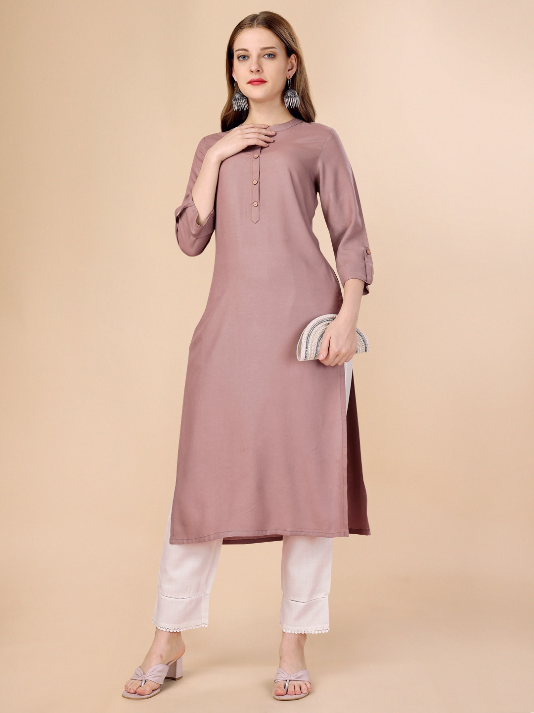 

HERE&NOW Three-Quarter Roll-Up Sleeves Kurta, Taupe